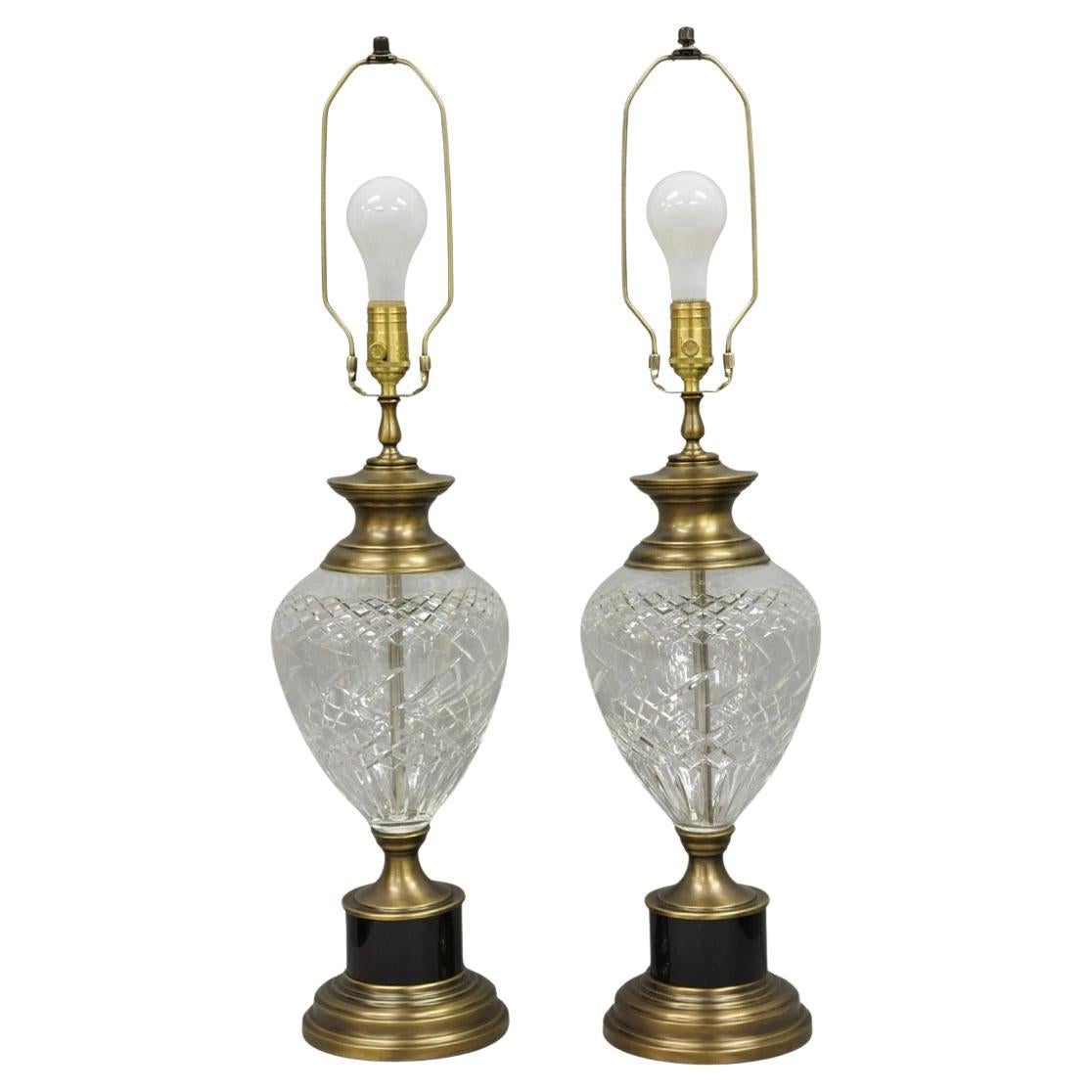 French Empire Cut Crystal Glass Urn & Brushed Brass Table Lamps by Wildwood Pair For Sale