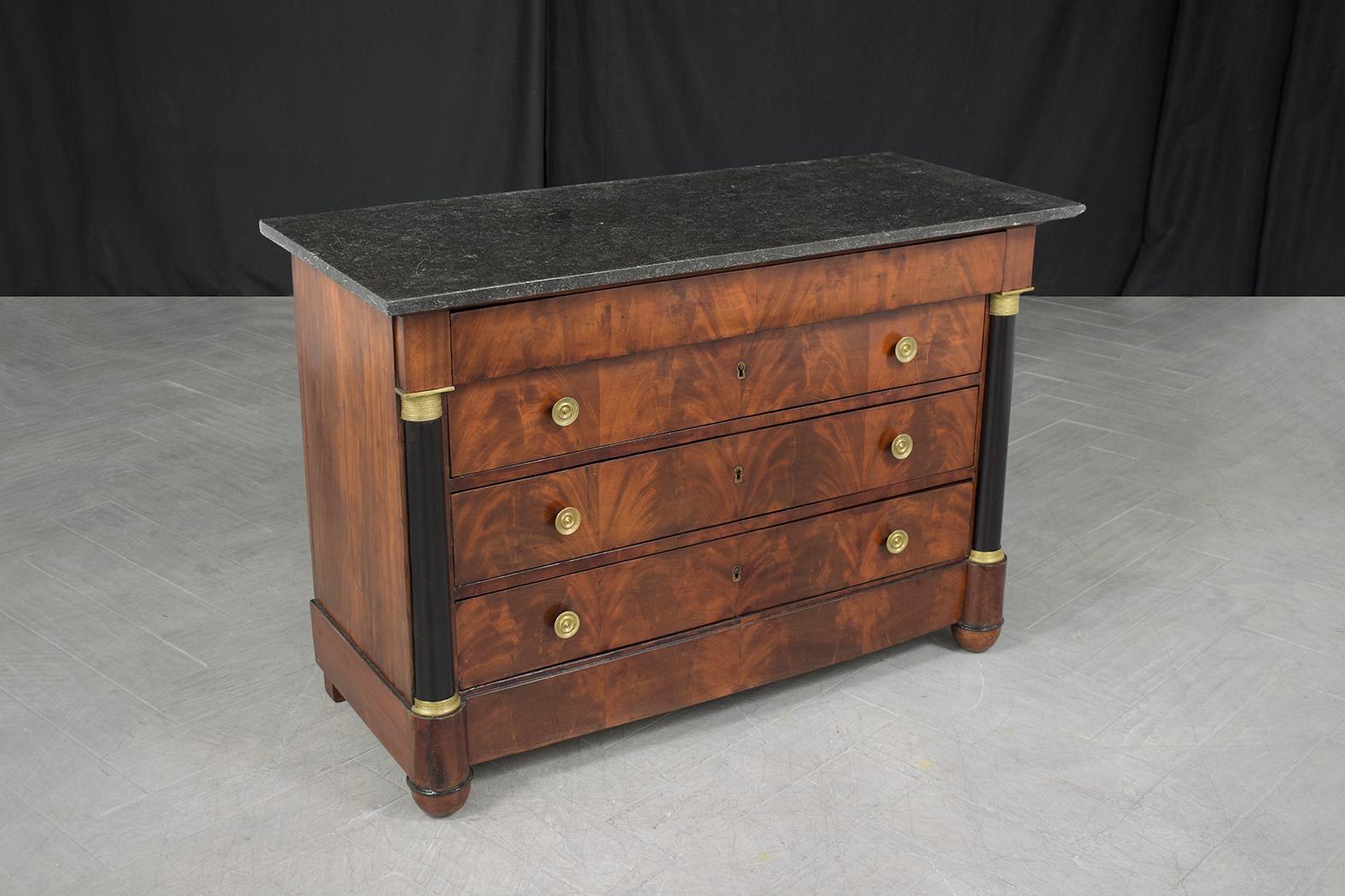 Restored 19th-Century French Empire Marble Mahogany Commode with Brass Details 2