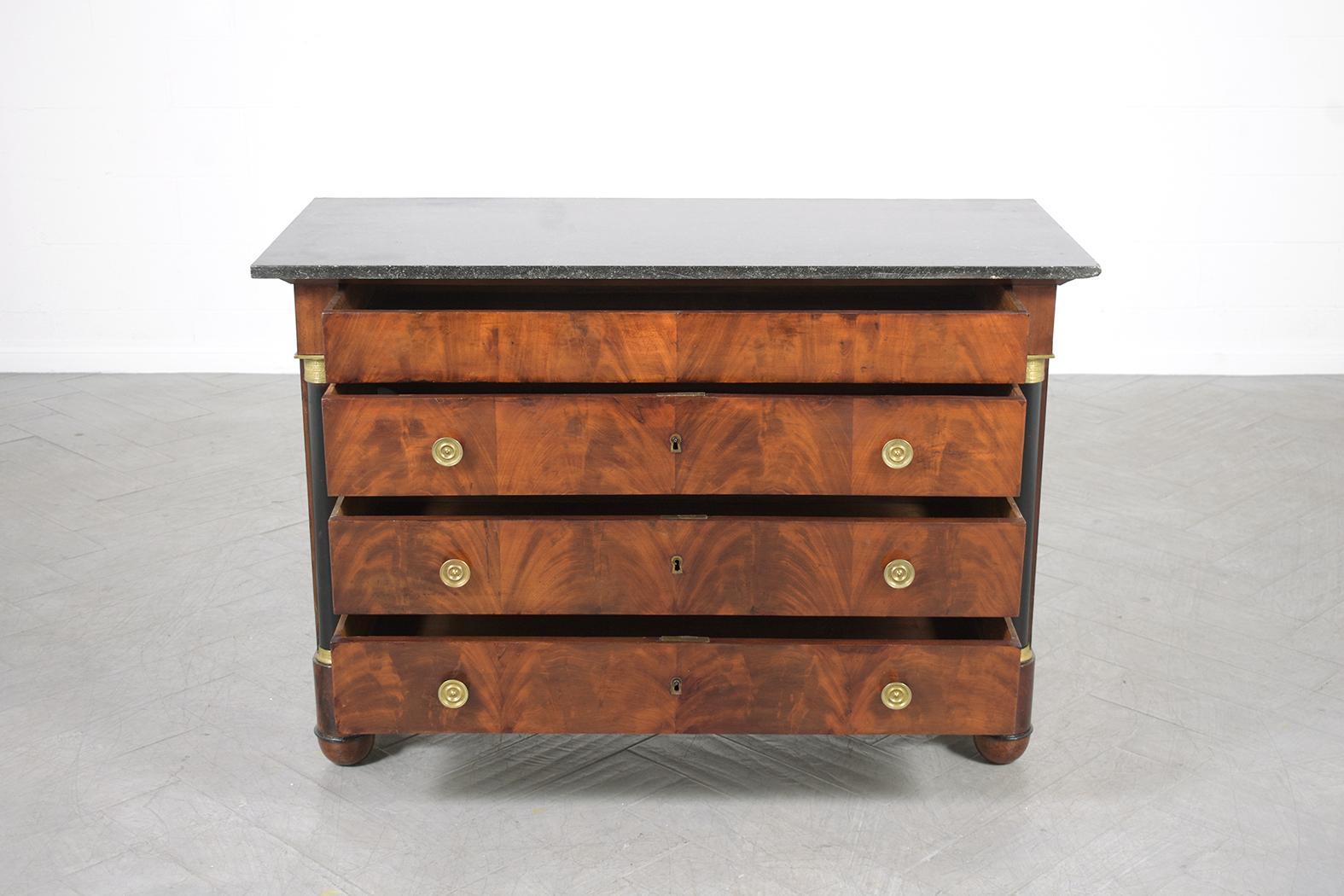 19th Century Restored 19th-Century French Empire Marble Mahogany Commode with Brass Details