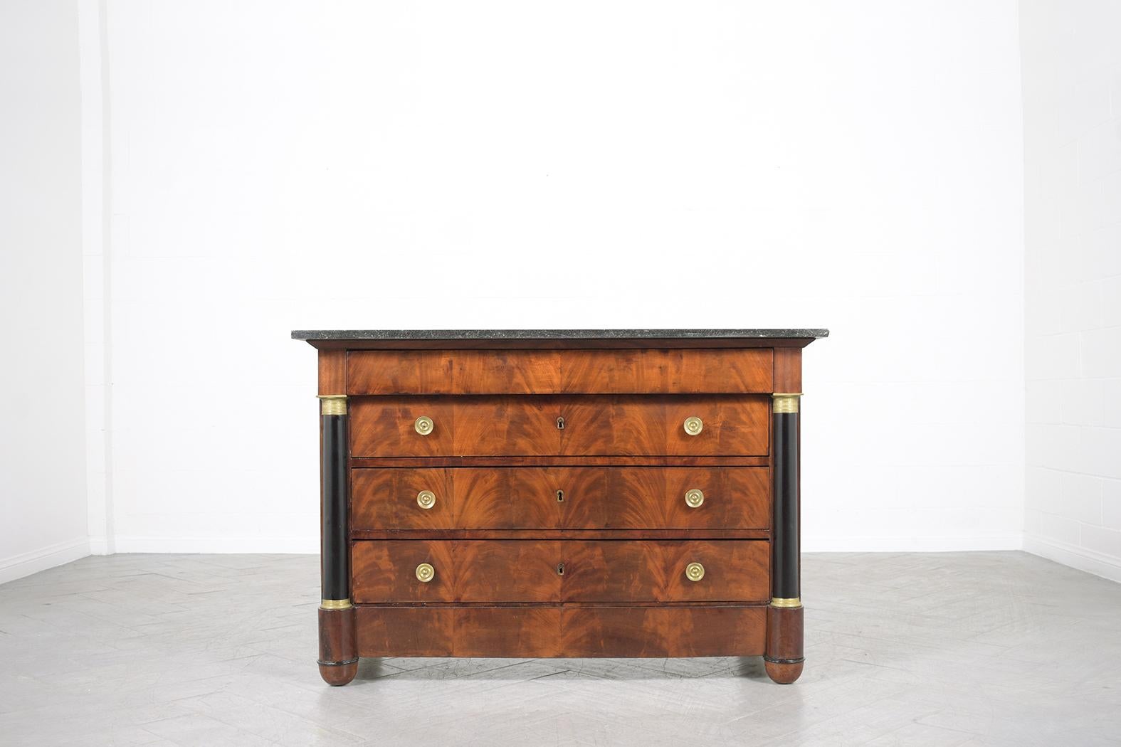 Polished Restored 19th-Century French Empire Marble Mahogany Commode with Brass Details