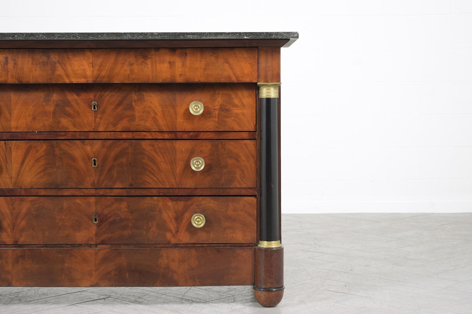 Restored 19th-Century French Empire Marble Mahogany Commode with Brass Details In Good Condition In Los Angeles, CA