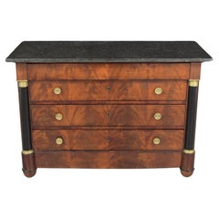 Restored 19th-Century French Empire Marble Mahogany Commode with Brass Details