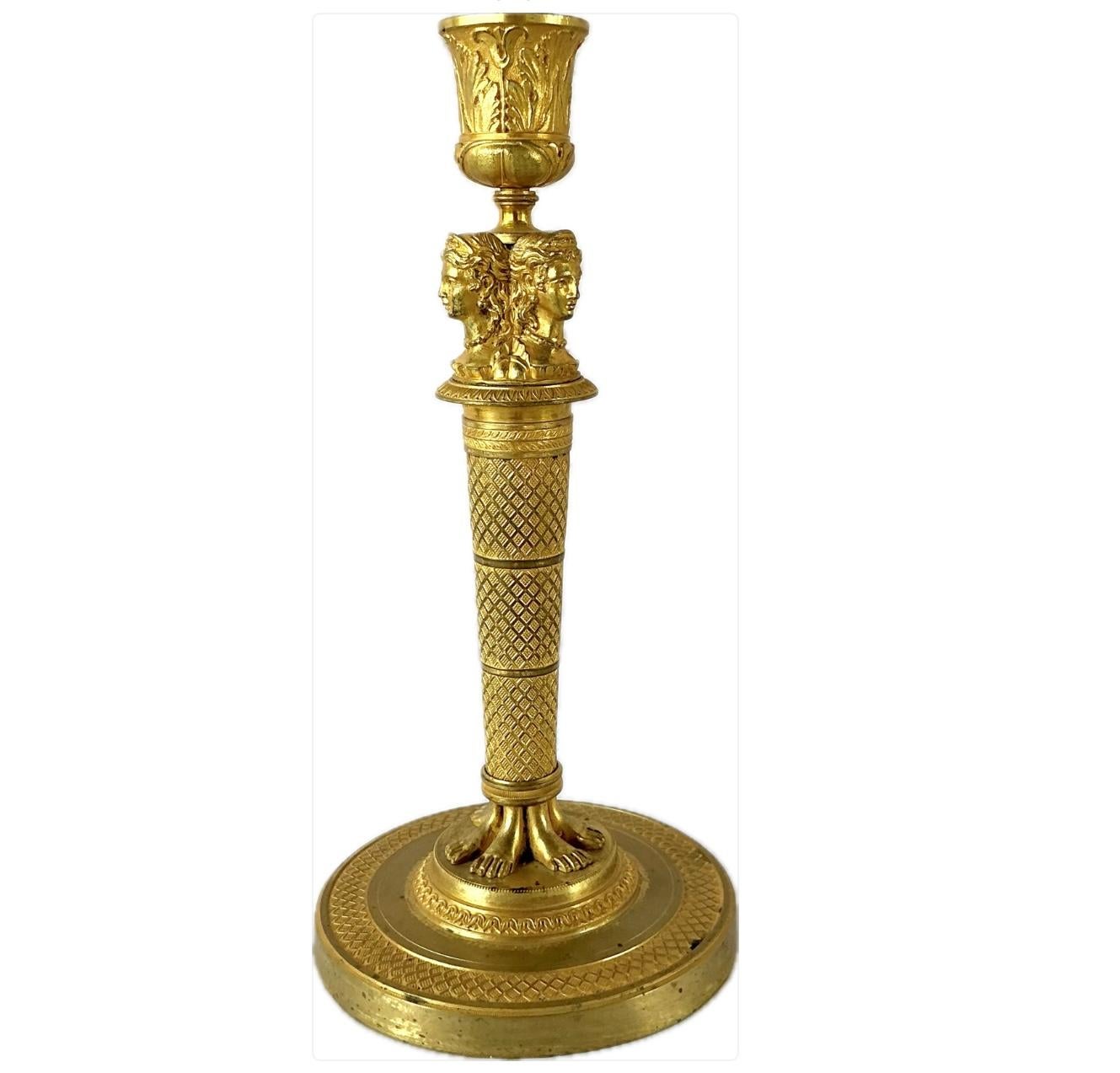 French Empire Doré Bronze Candlesticks, A Pair For Sale 9