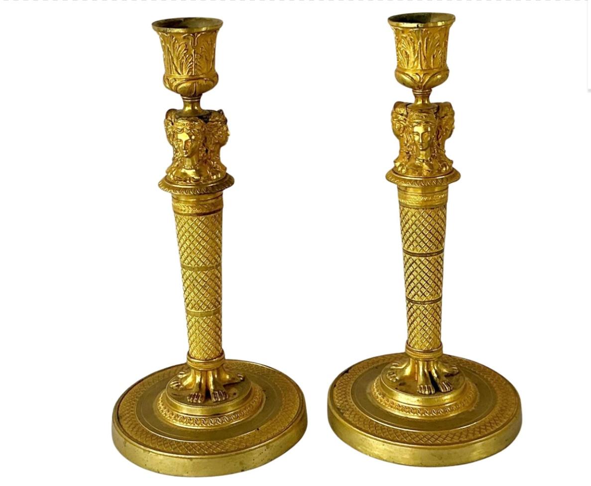 French Empire Doré Bronze Candlesticks, A Pair For Sale 11