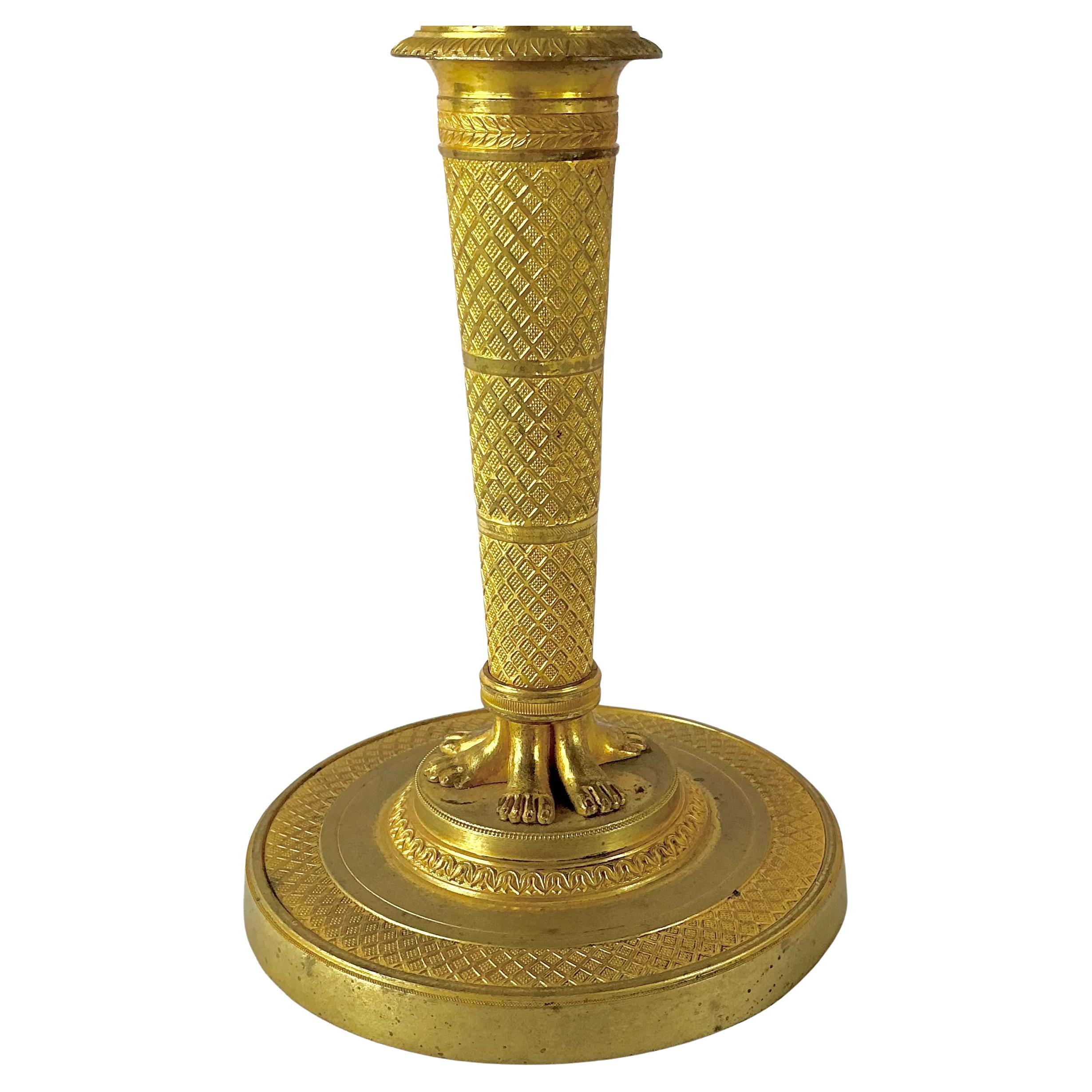 French Empire Doré Bronze Candlesticks, A Pair In Good Condition For Sale In Bradenton, FL