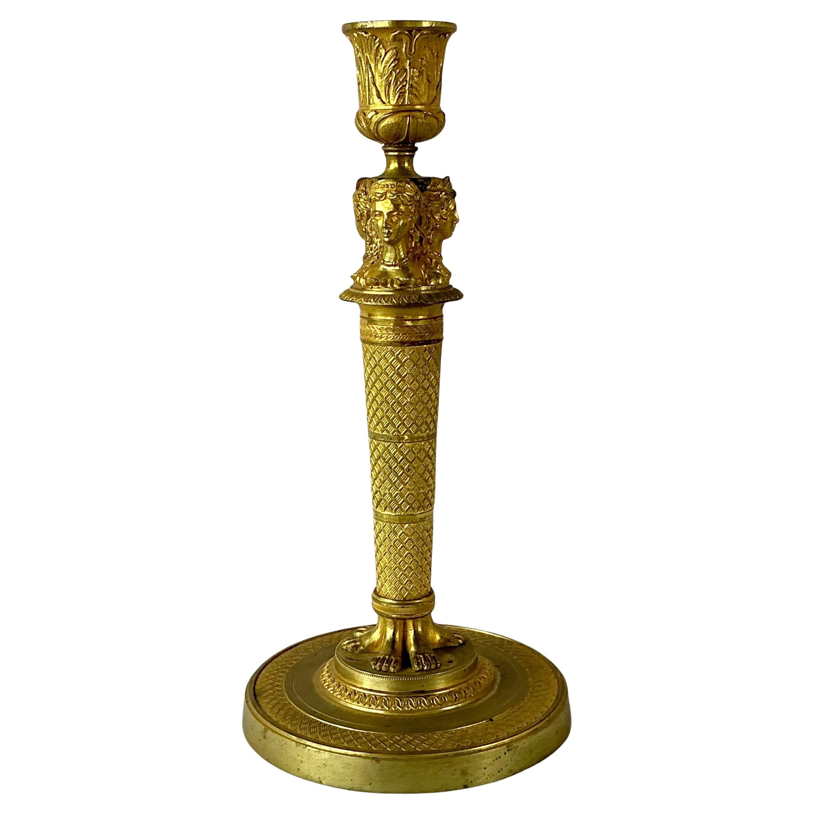 19th Century French Empire Doré Bronze Candlesticks, A Pair For Sale