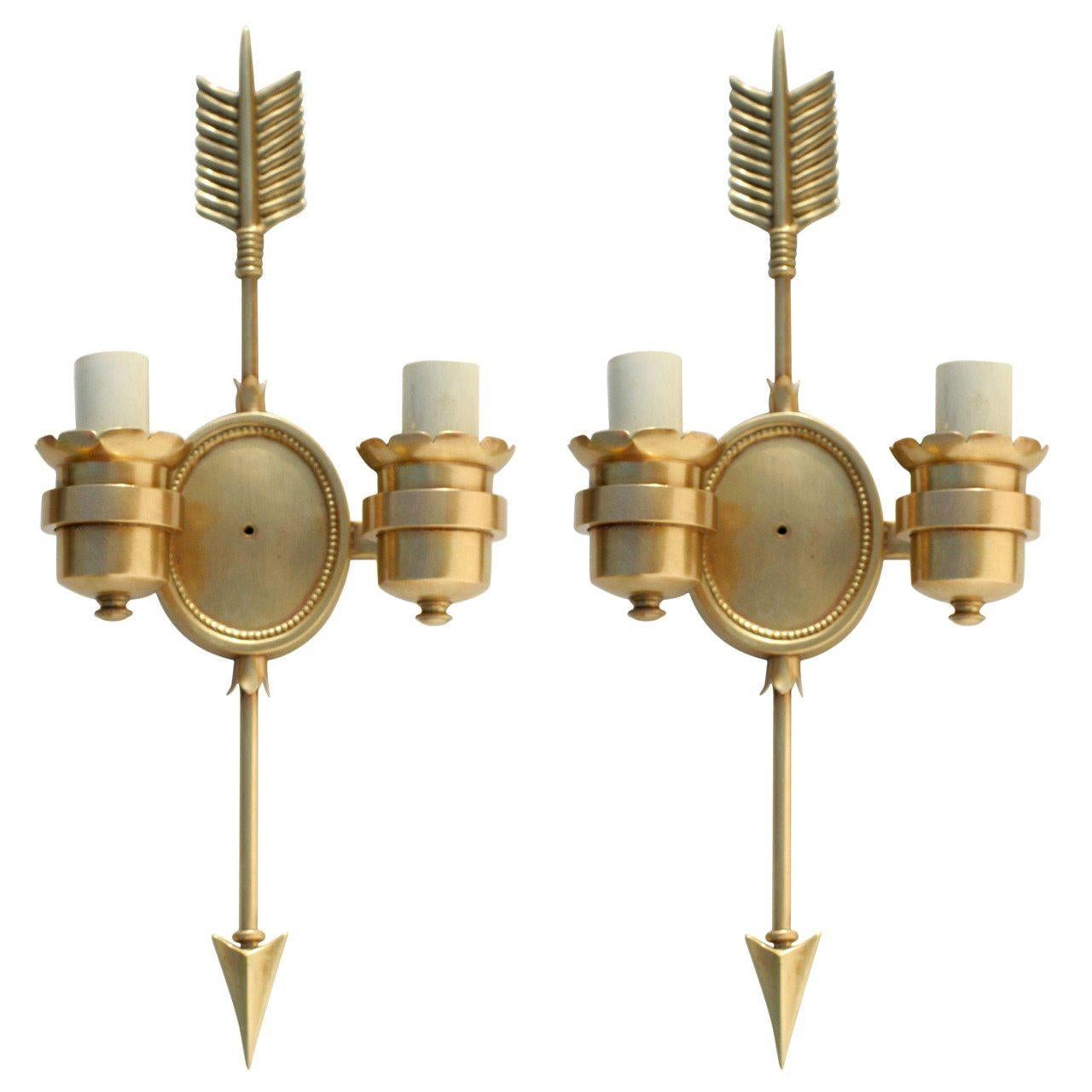 Pair French Brass Arrow Lion Head Brass Sconces at 1stDibs