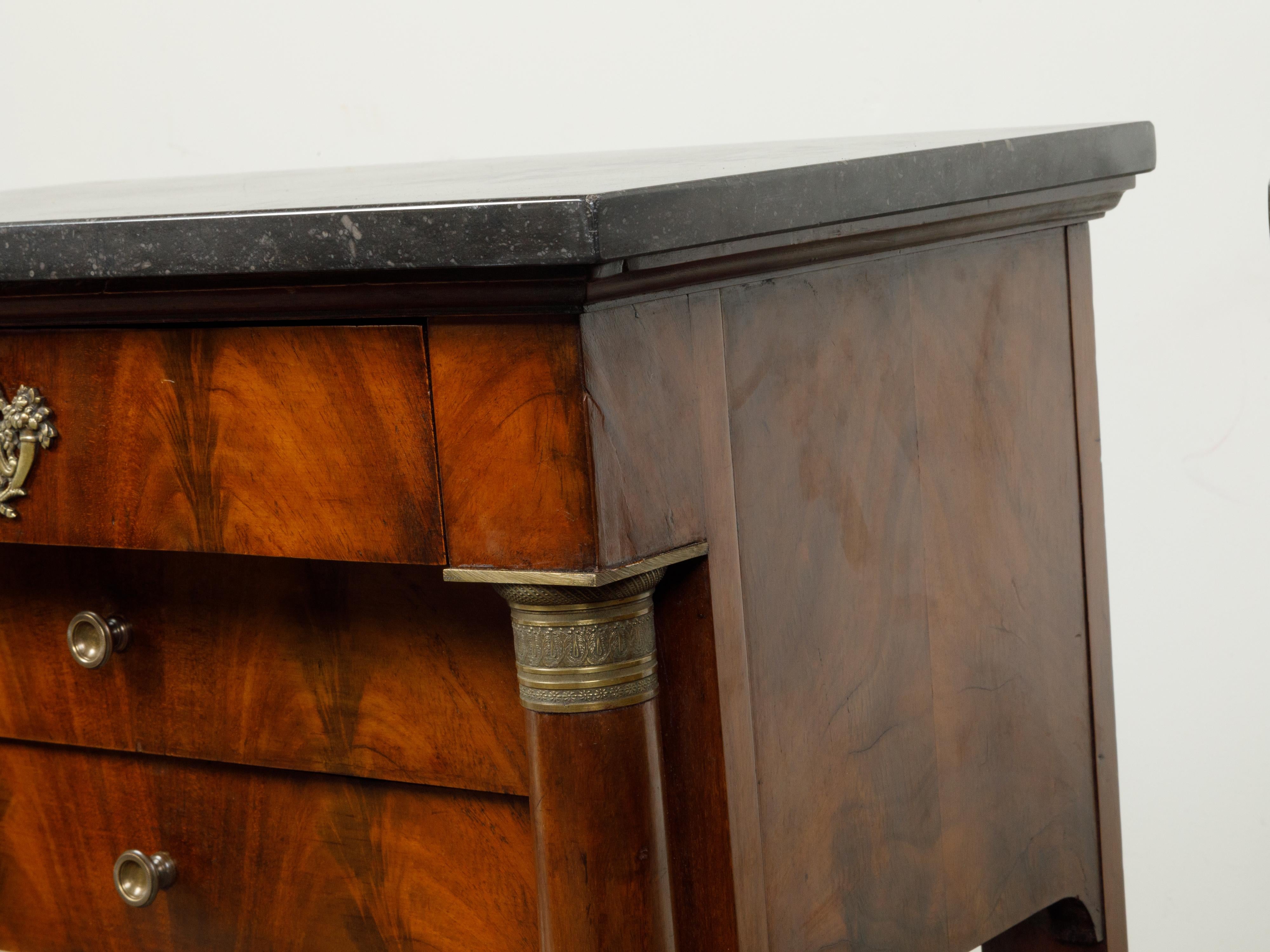 French Empire Early 19th Century Walnut Console Tables with Grey Marble Tops For Sale 7