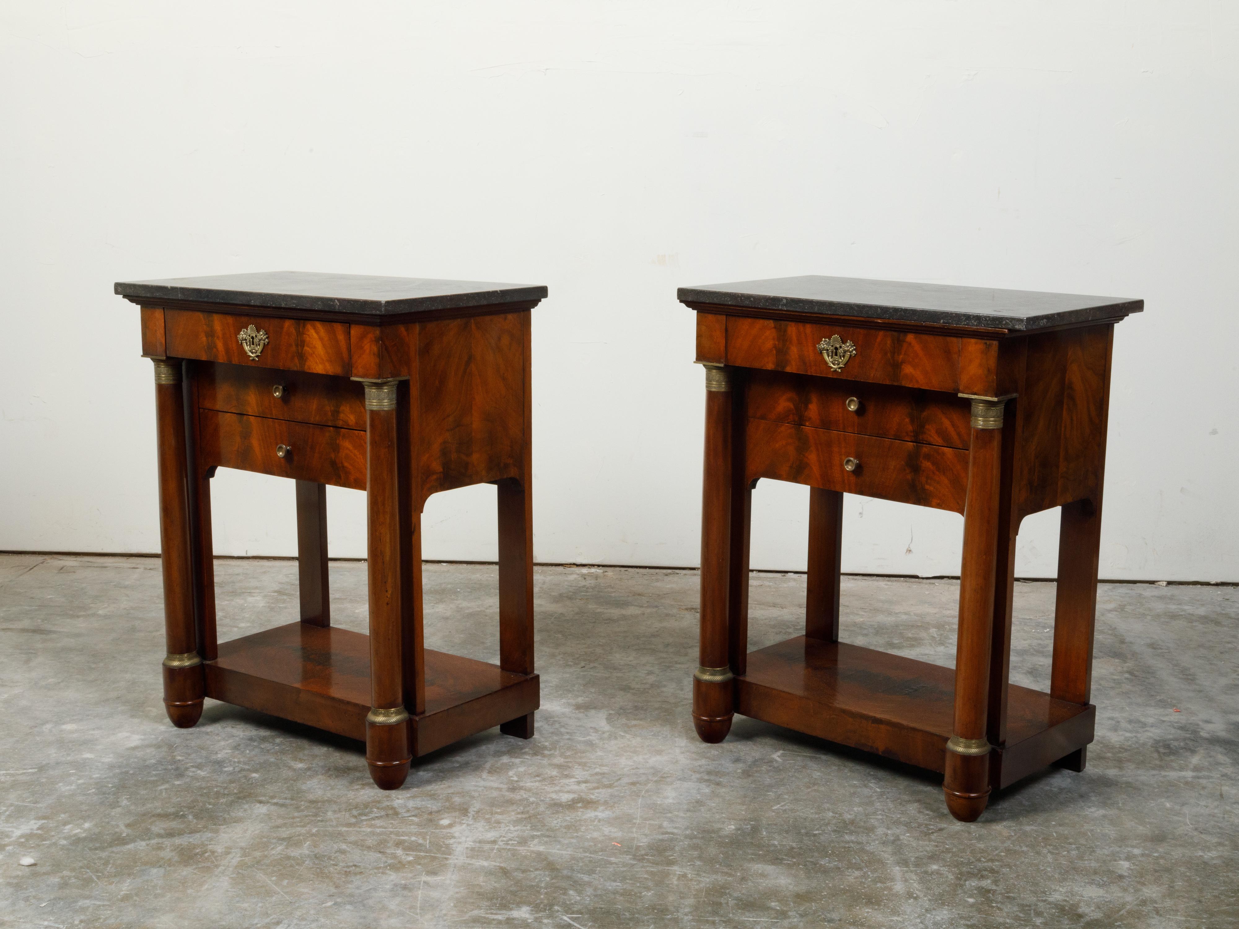 Veneer French Empire Early 19th Century Walnut Console Tables with Grey Marble Tops For Sale