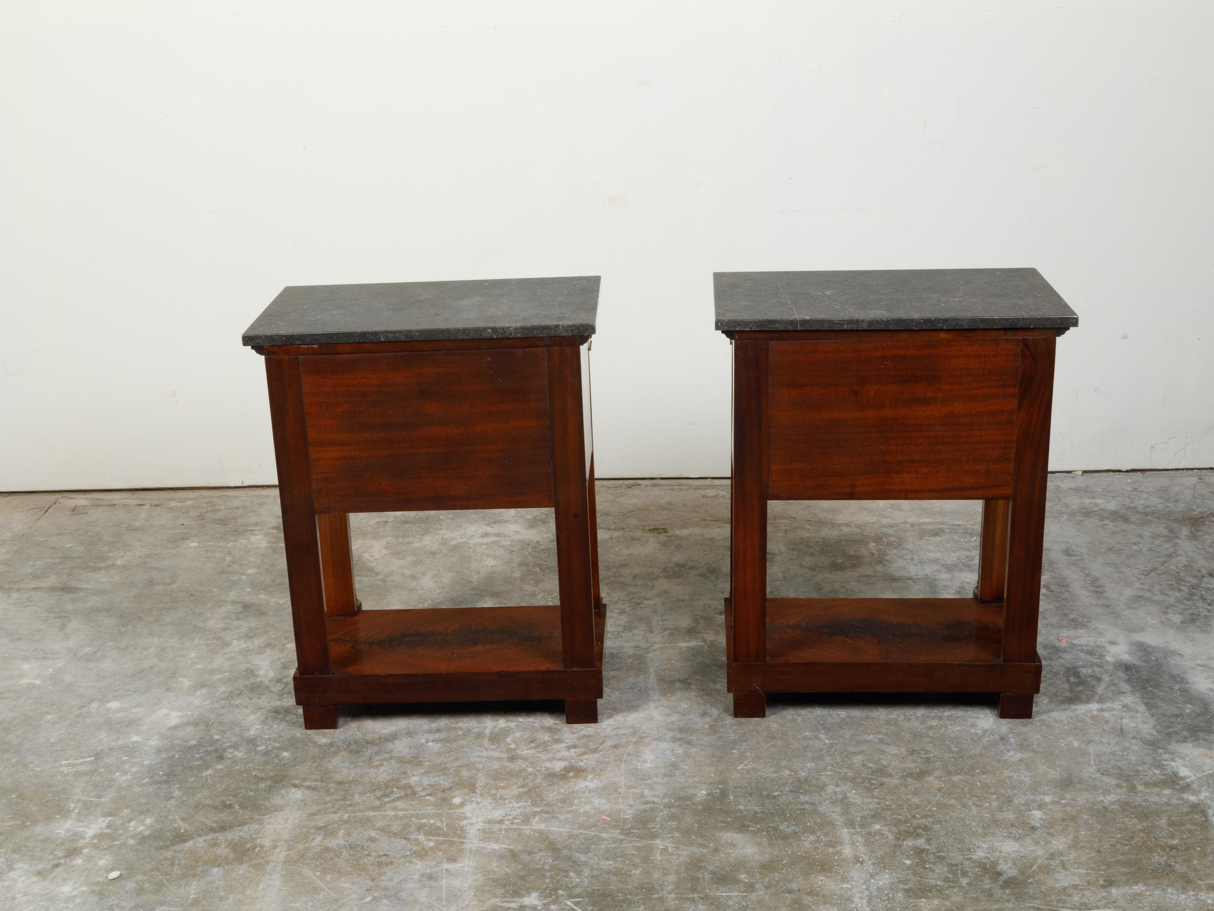 French Empire Early 19th Century Walnut Console Tables with Grey Marble Tops For Sale 2