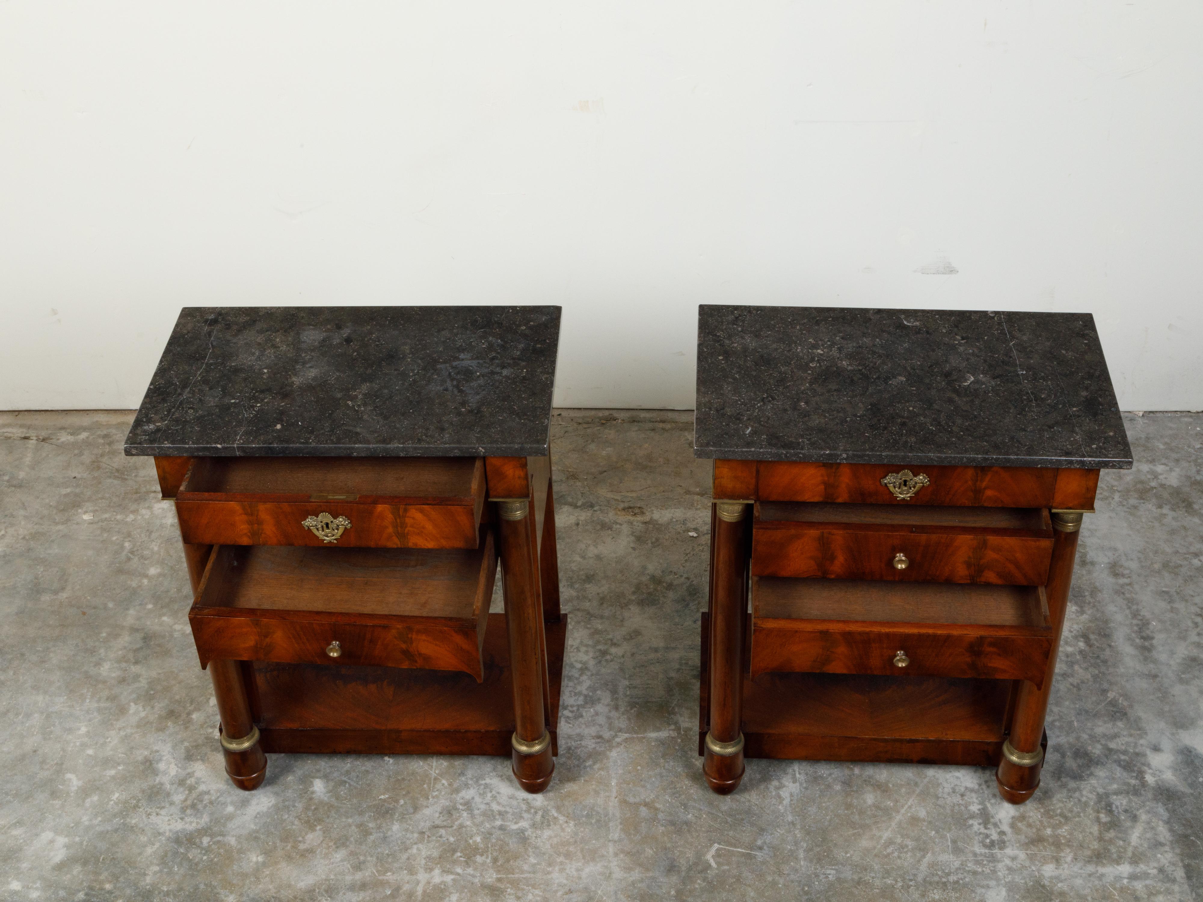 French Empire Early 19th Century Walnut Console Tables with Grey Marble Tops For Sale 3