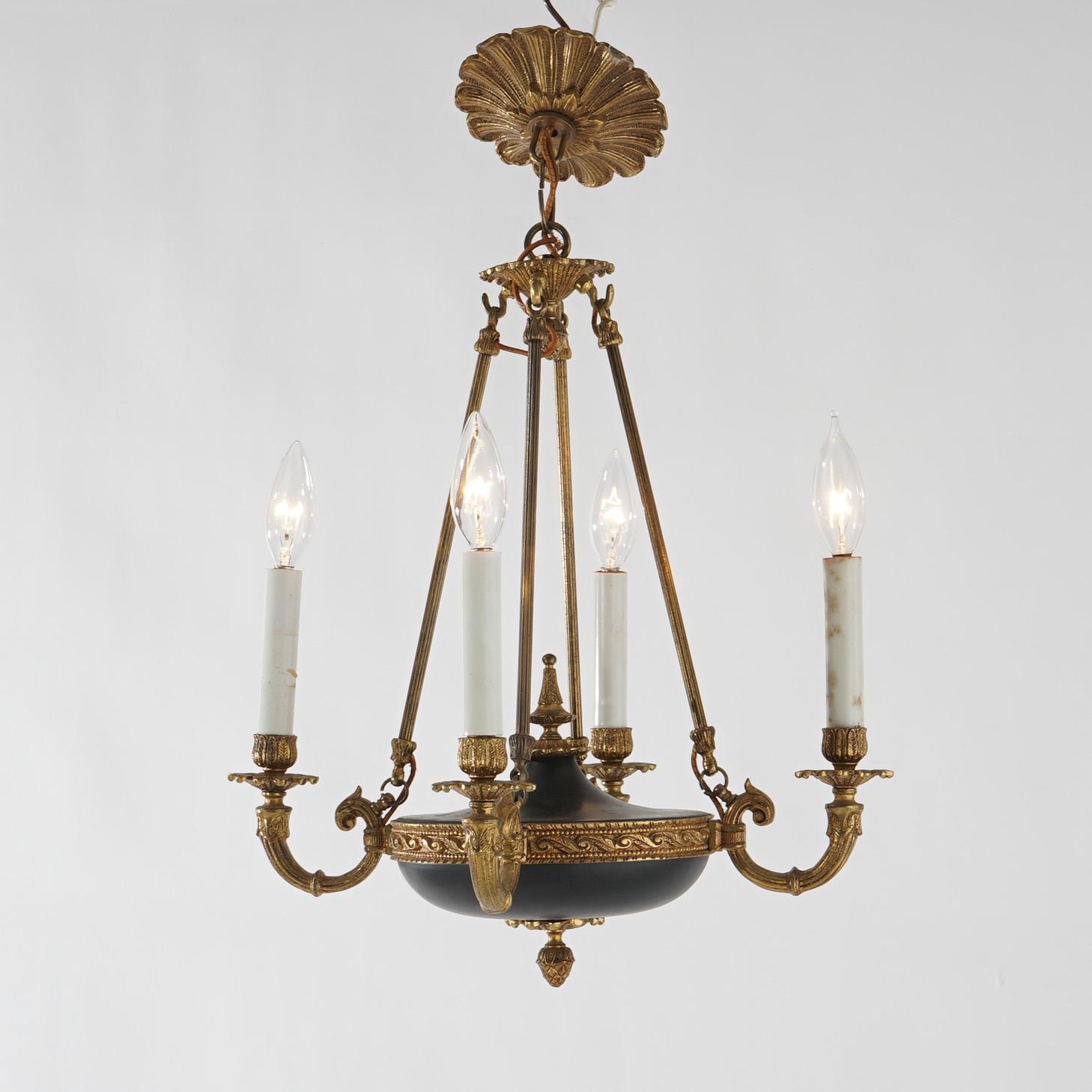 American French Empire Ebonized & Gilt Metal Four-Light Pan Chandelier 20th C For Sale