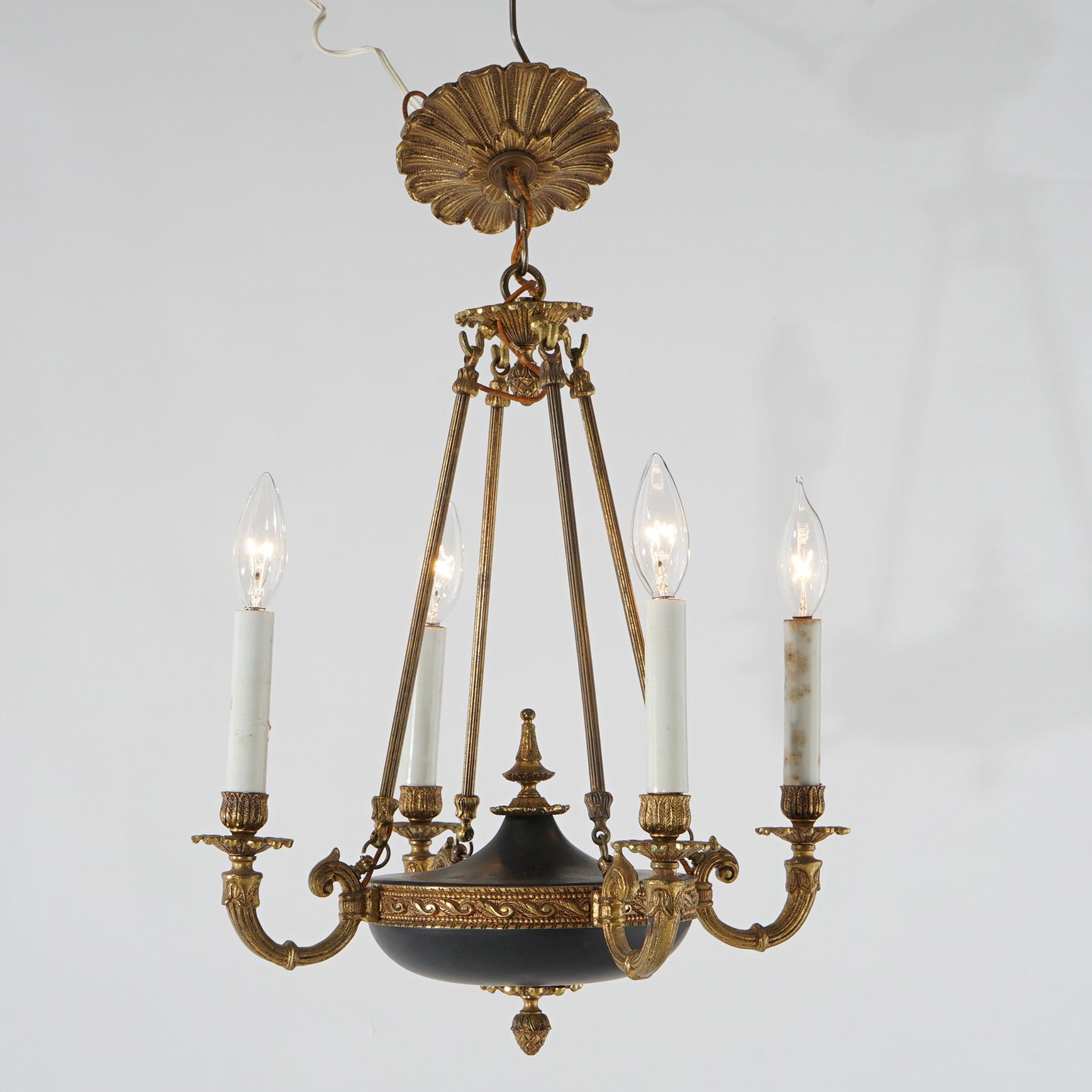 French Empire Ebonized & Gilt Metal Four-Light Pan Chandelier 20th C In Good Condition For Sale In Big Flats, NY