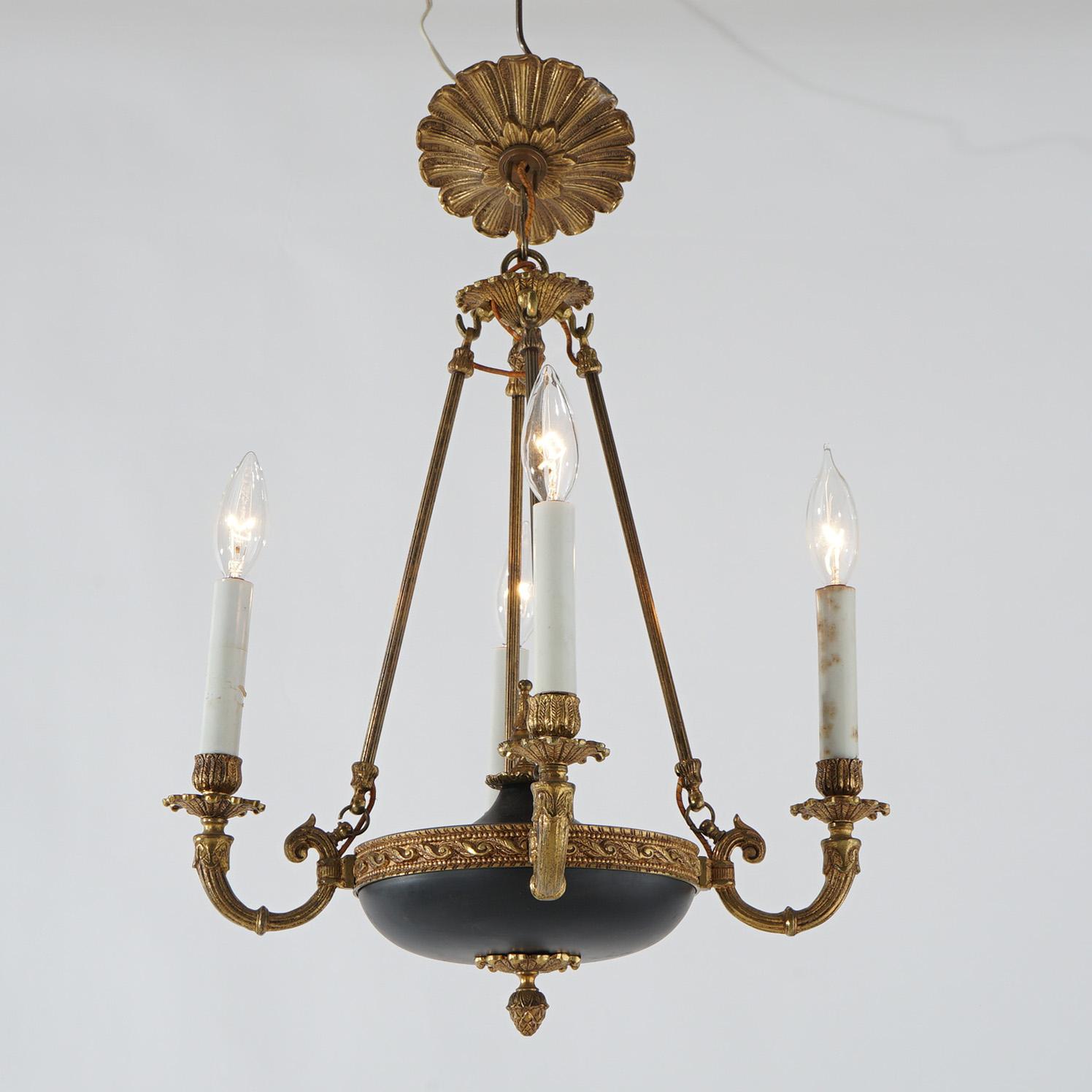 20th Century French Empire Ebonized & Gilt Metal Four-Light Pan Chandelier 20th C For Sale
