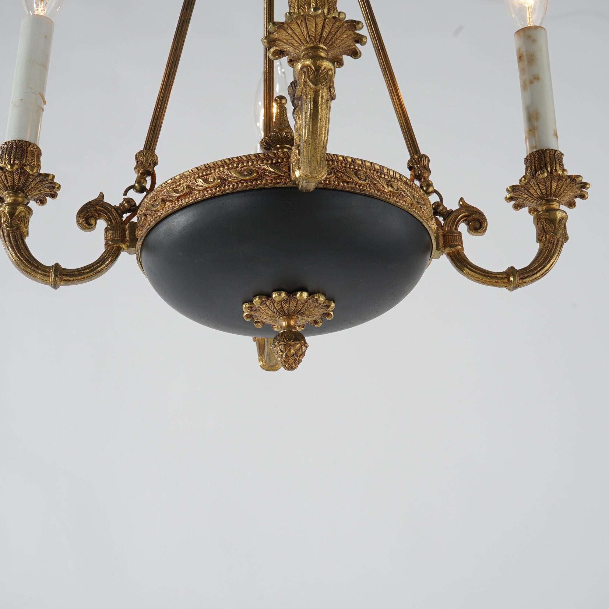 French Empire Ebonized & Gilt Metal Four-Light Pan Chandelier 20th C For Sale 2