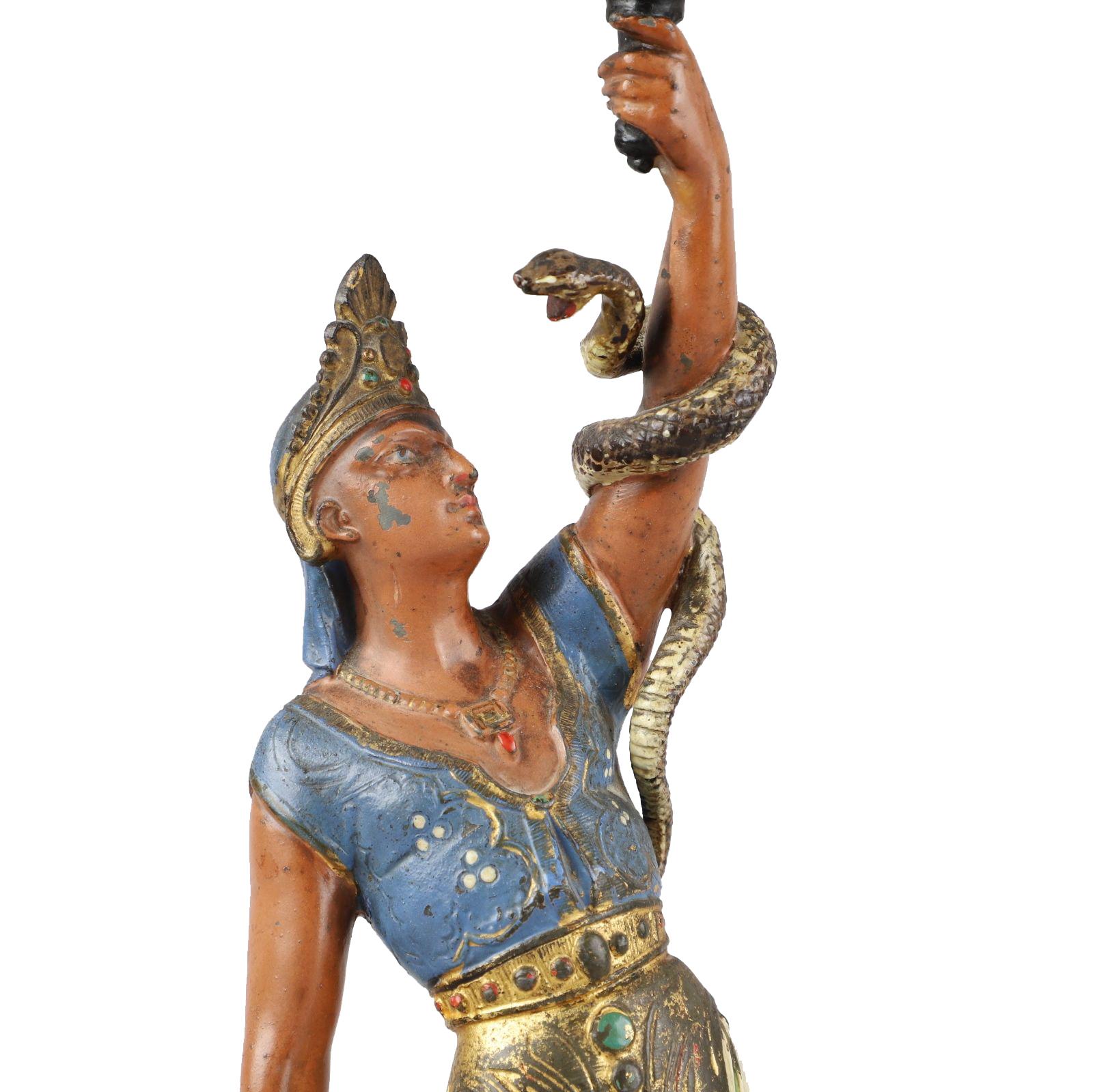 Empire Revival French Empire Egyptian Revival Candlestick Depicting Man with Snakes For Sale