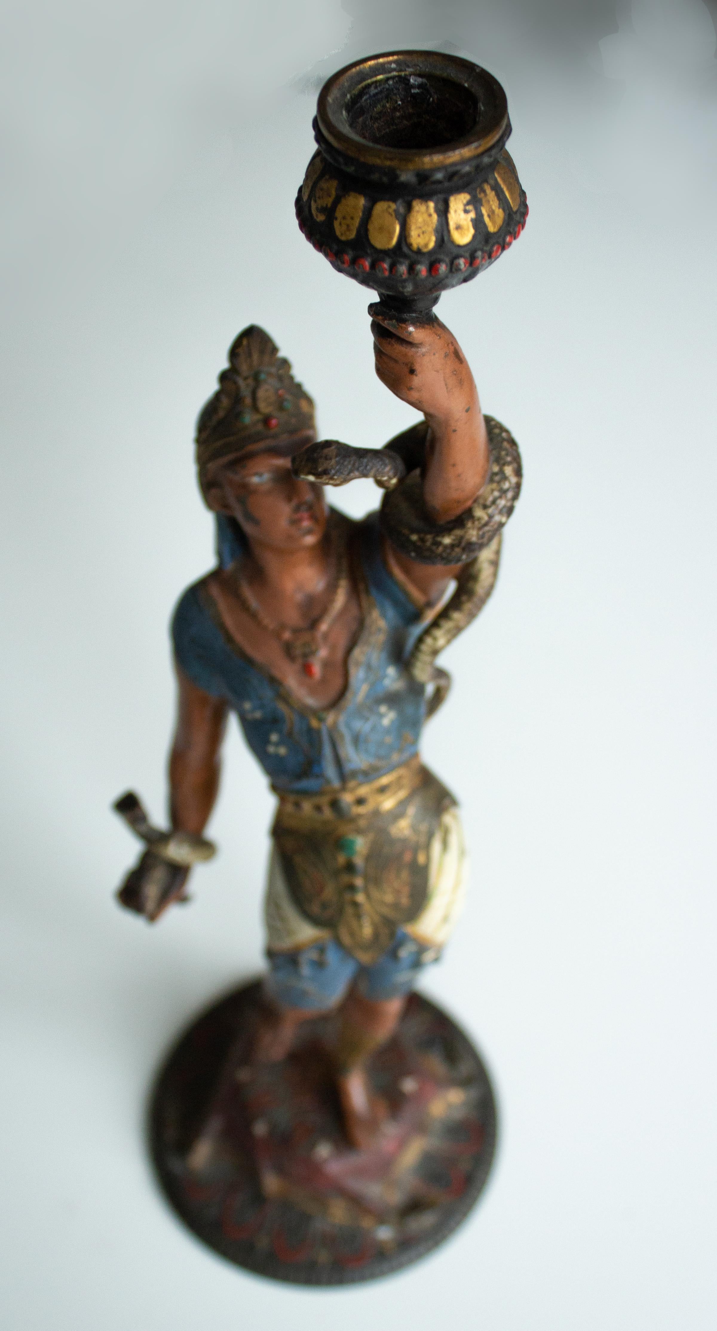 Molded French Empire Egyptian Revival Candlestick Depicting Man with Snakes For Sale