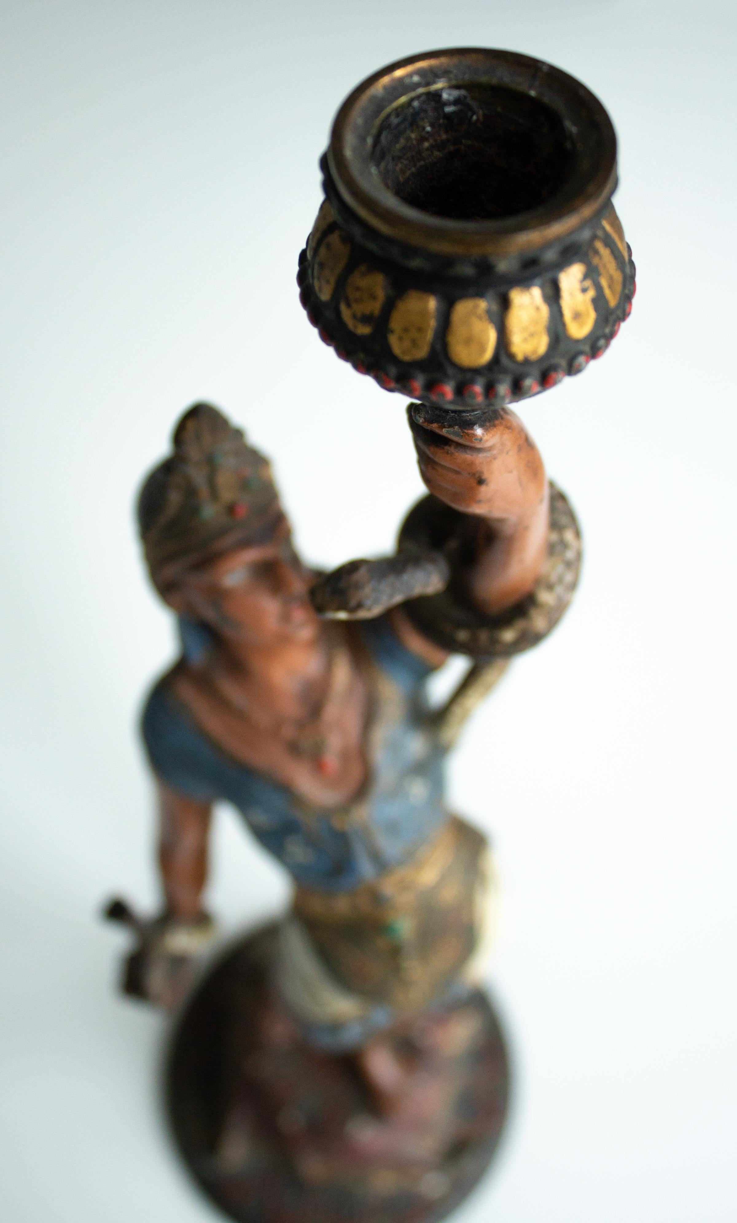 French Empire Egyptian Revival Candlestick Depicting Man with Snakes In Fair Condition For Sale In Stockholm, SE