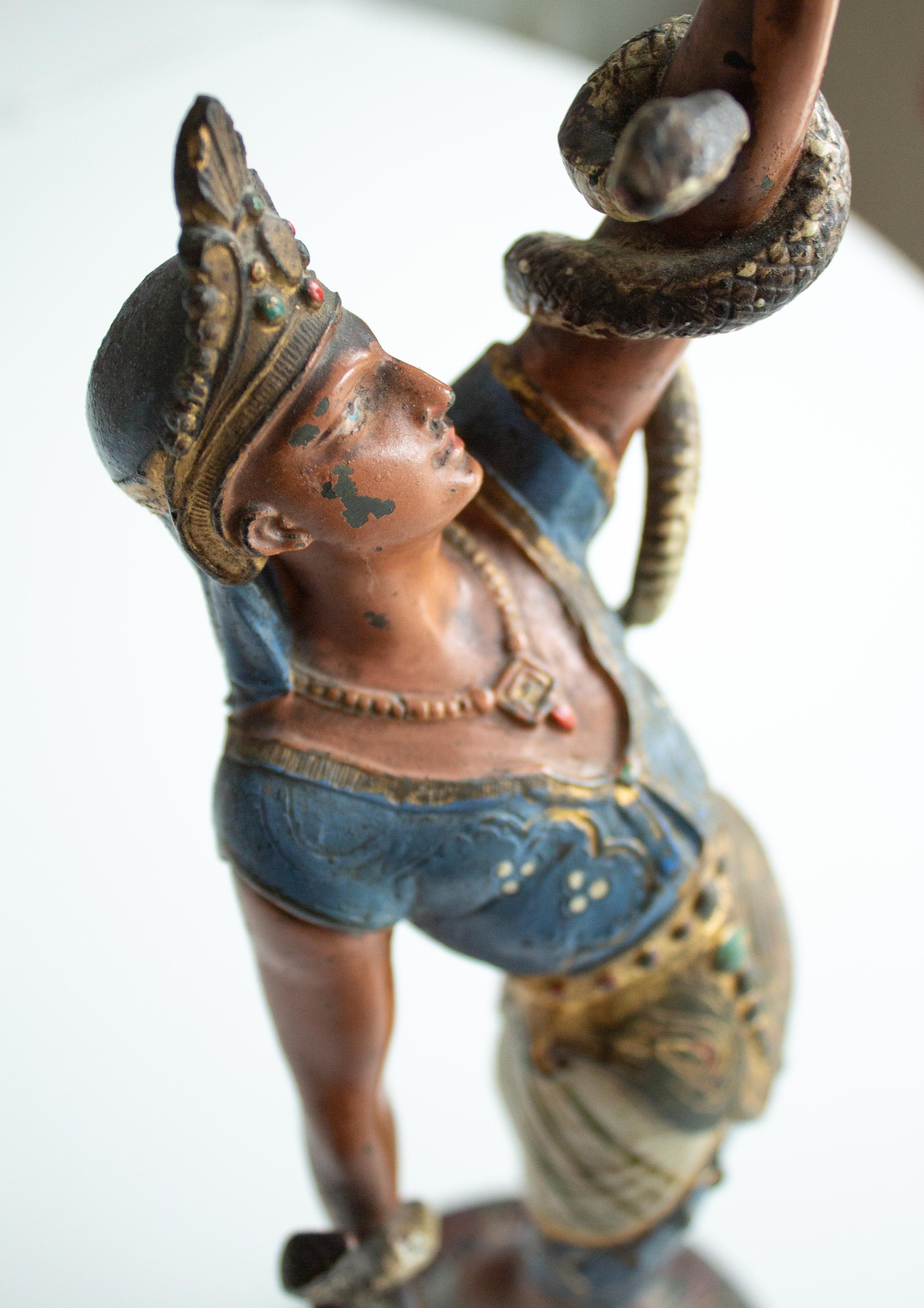 Late 19th Century French Empire Egyptian Revival Candlestick Depicting Man with Snakes For Sale