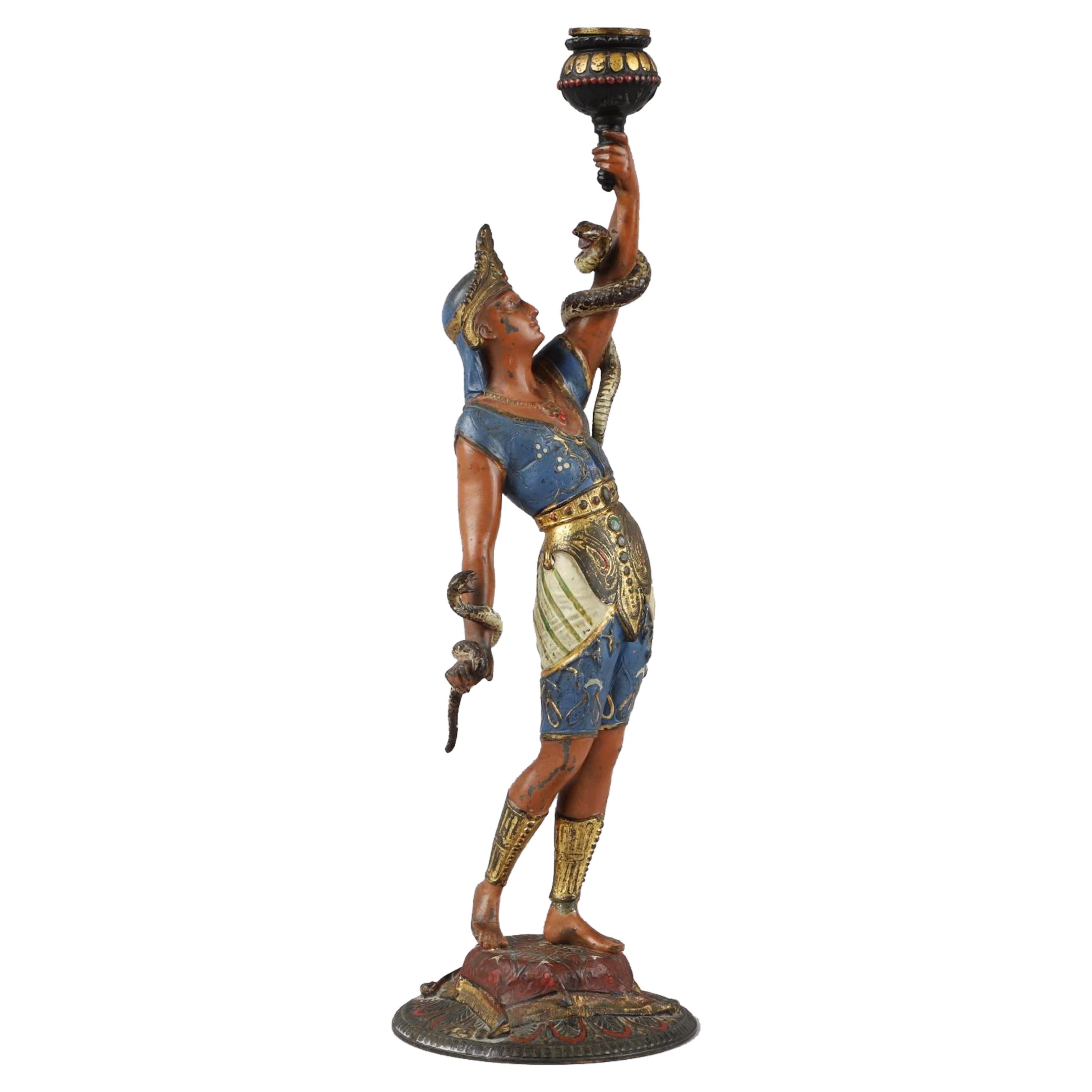 French Empire Egyptian Revival Candlestick Depicting Man with Snakes For Sale