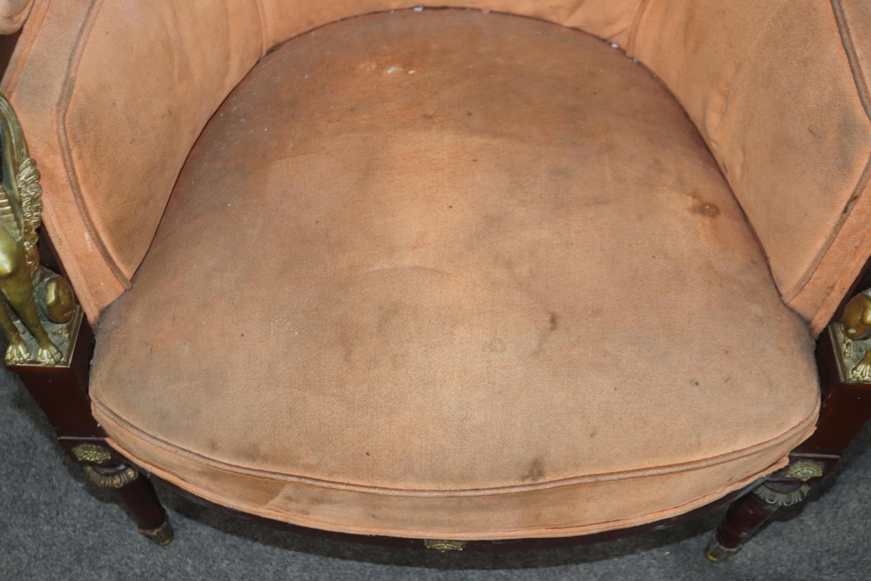 French Empire Egyptian Revival Solid Mahogany Bergere Chair with Bronze Sphinxs For Sale 11
