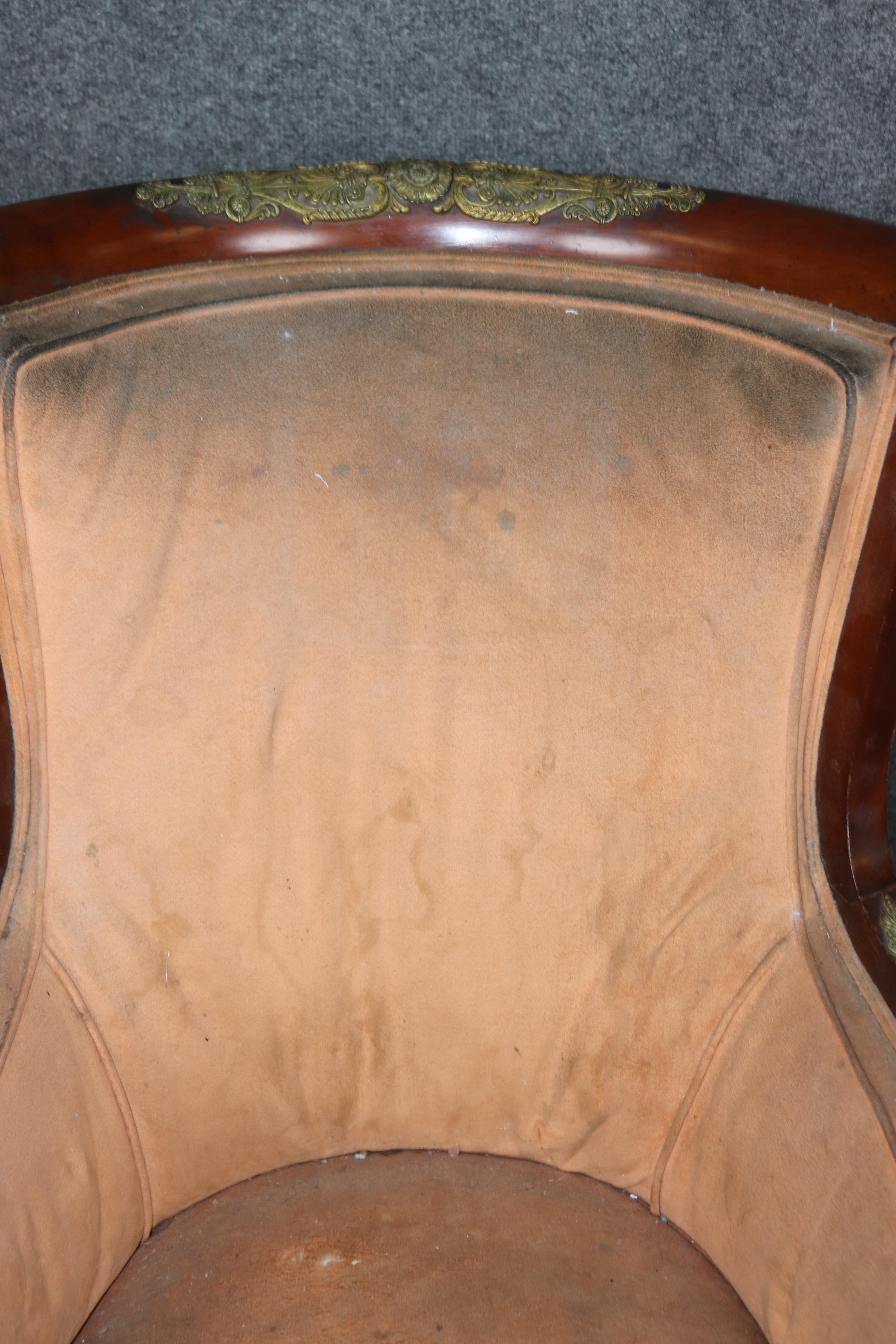 French Empire Egyptian Revival Solid Mahogany Bergere Chair with Bronze Sphinxs For Sale 12