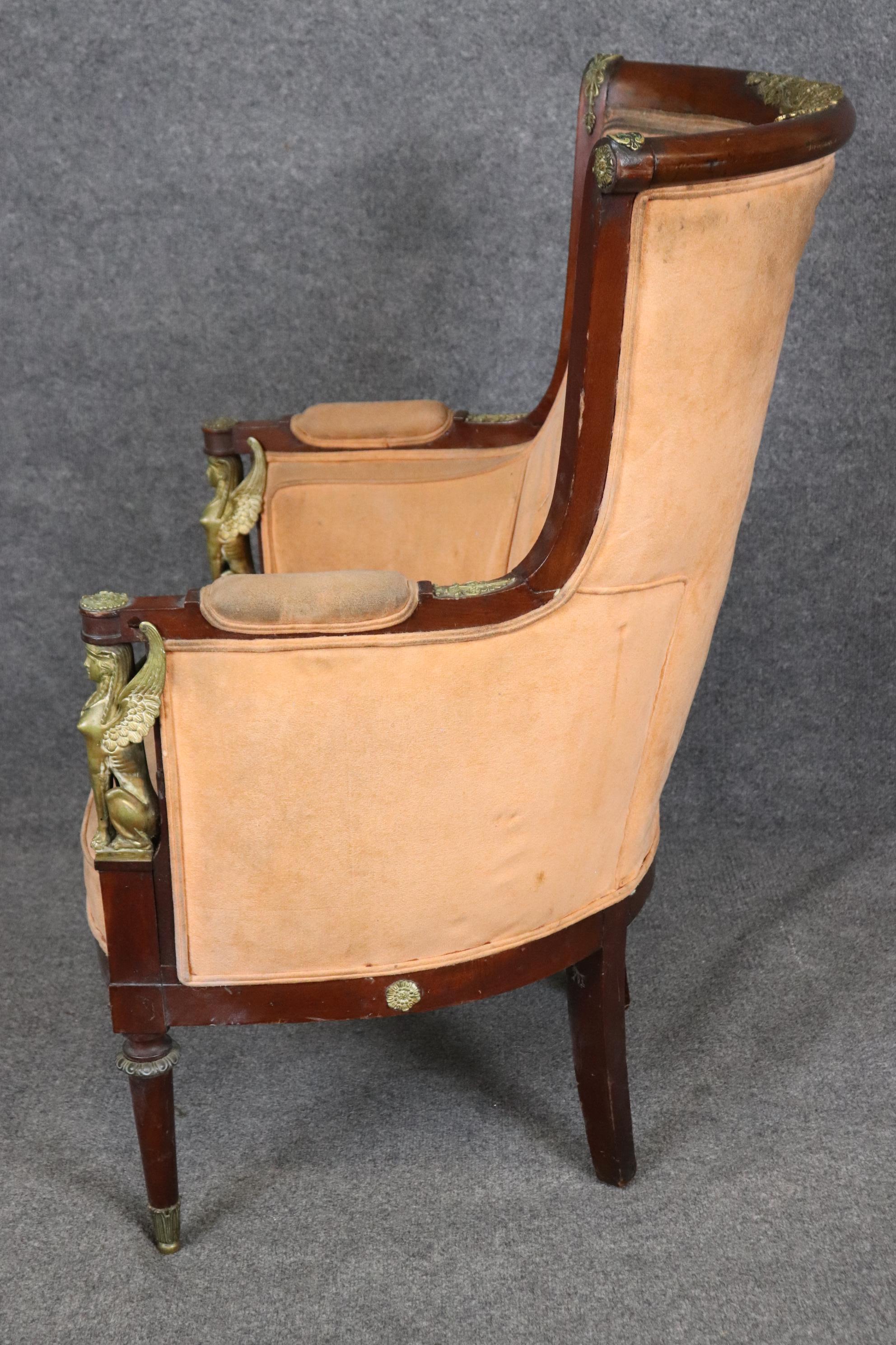 French Empire Egyptian Revival Solid Mahogany Bergere Chair with Bronze Sphinxs For Sale 2