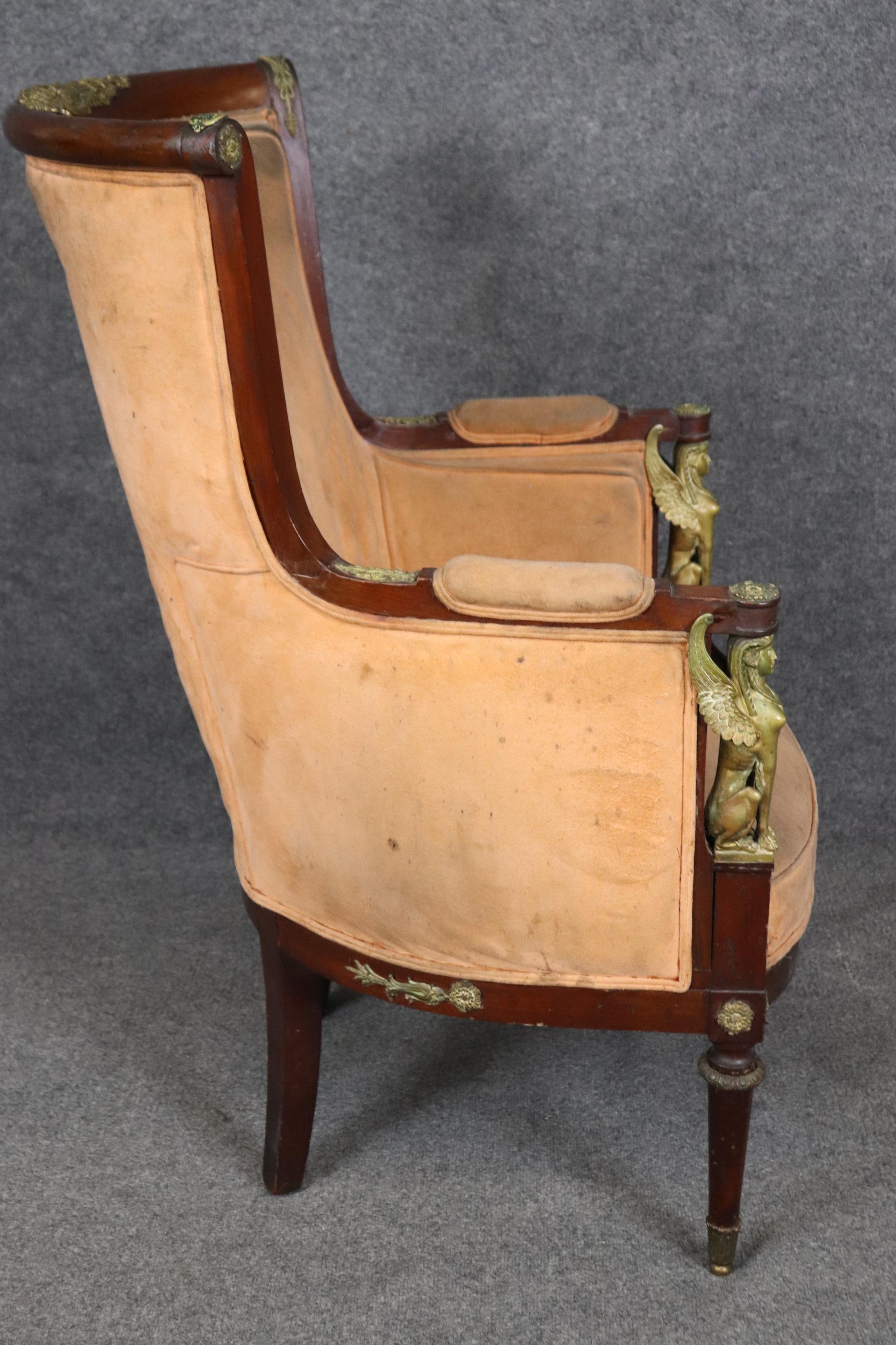 French Empire Egyptian Revival Solid Mahogany Bergere Chair with Bronze Sphinxs For Sale 4