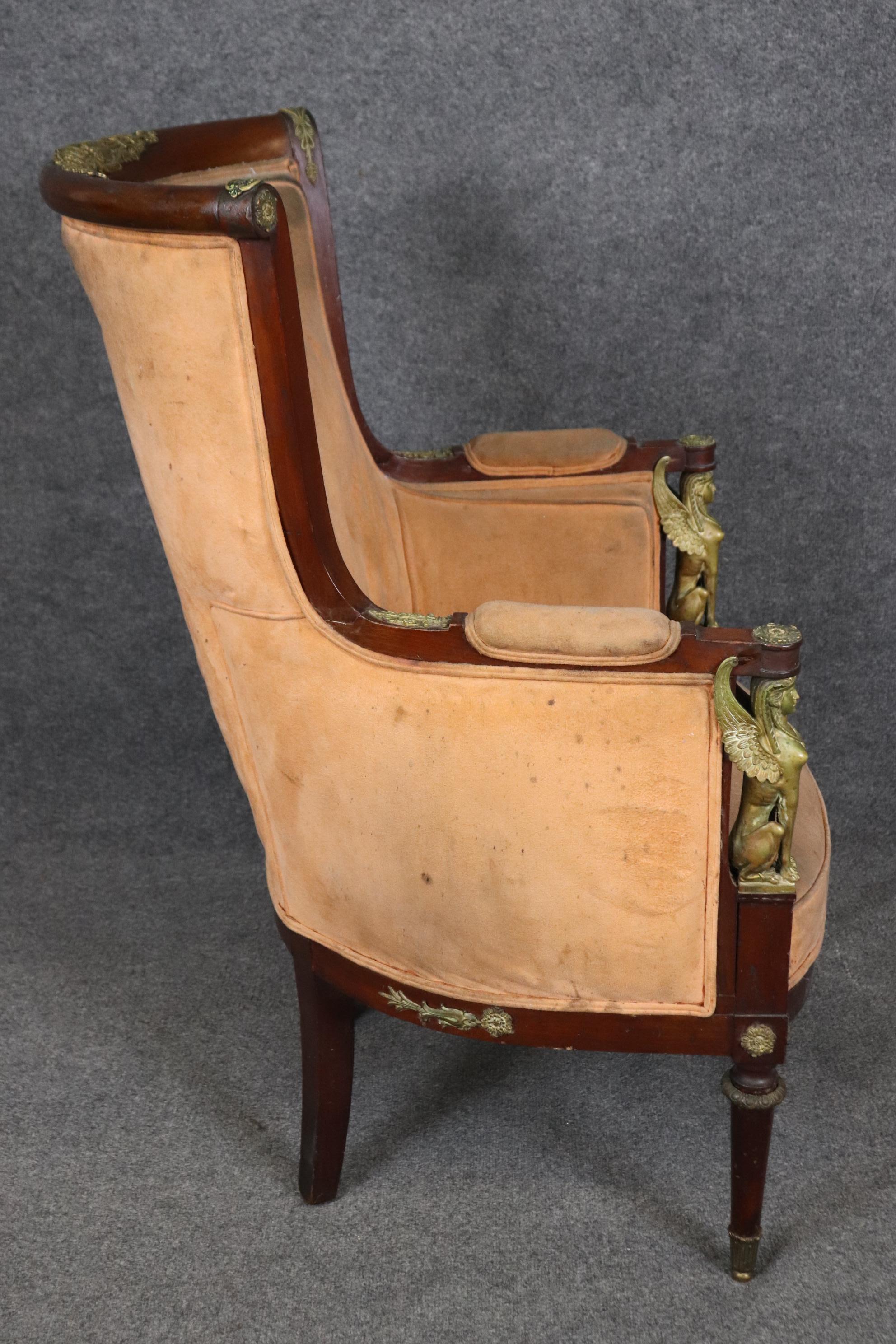 French Empire Egyptian Revival Solid Mahogany Bergere Chair with Bronze Sphinxs For Sale 5