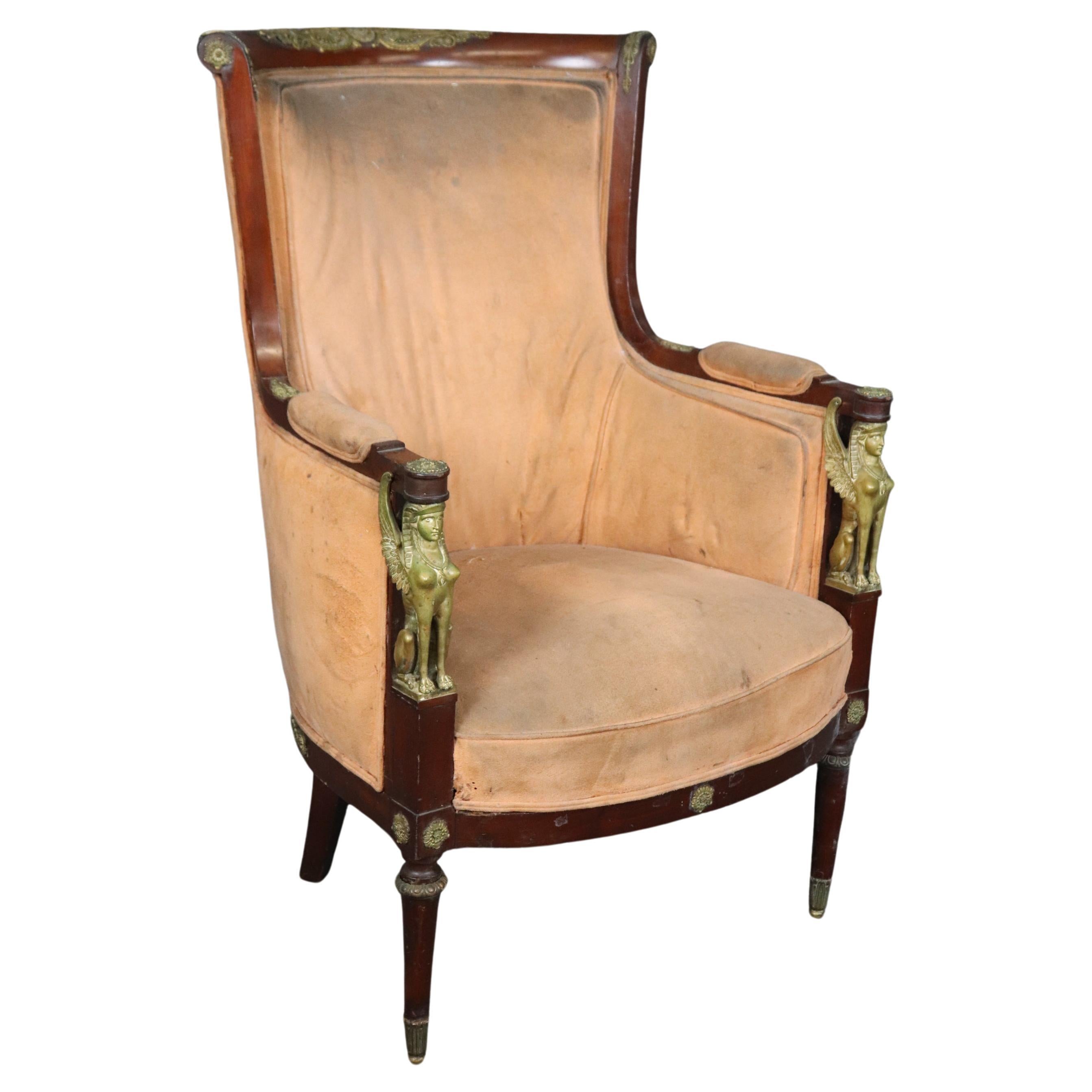 French Empire Egyptian Revival Solid Mahogany Bergere Chair with Bronze Sphinxs