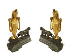 Pair of French Empire Bronze Panther Andirons