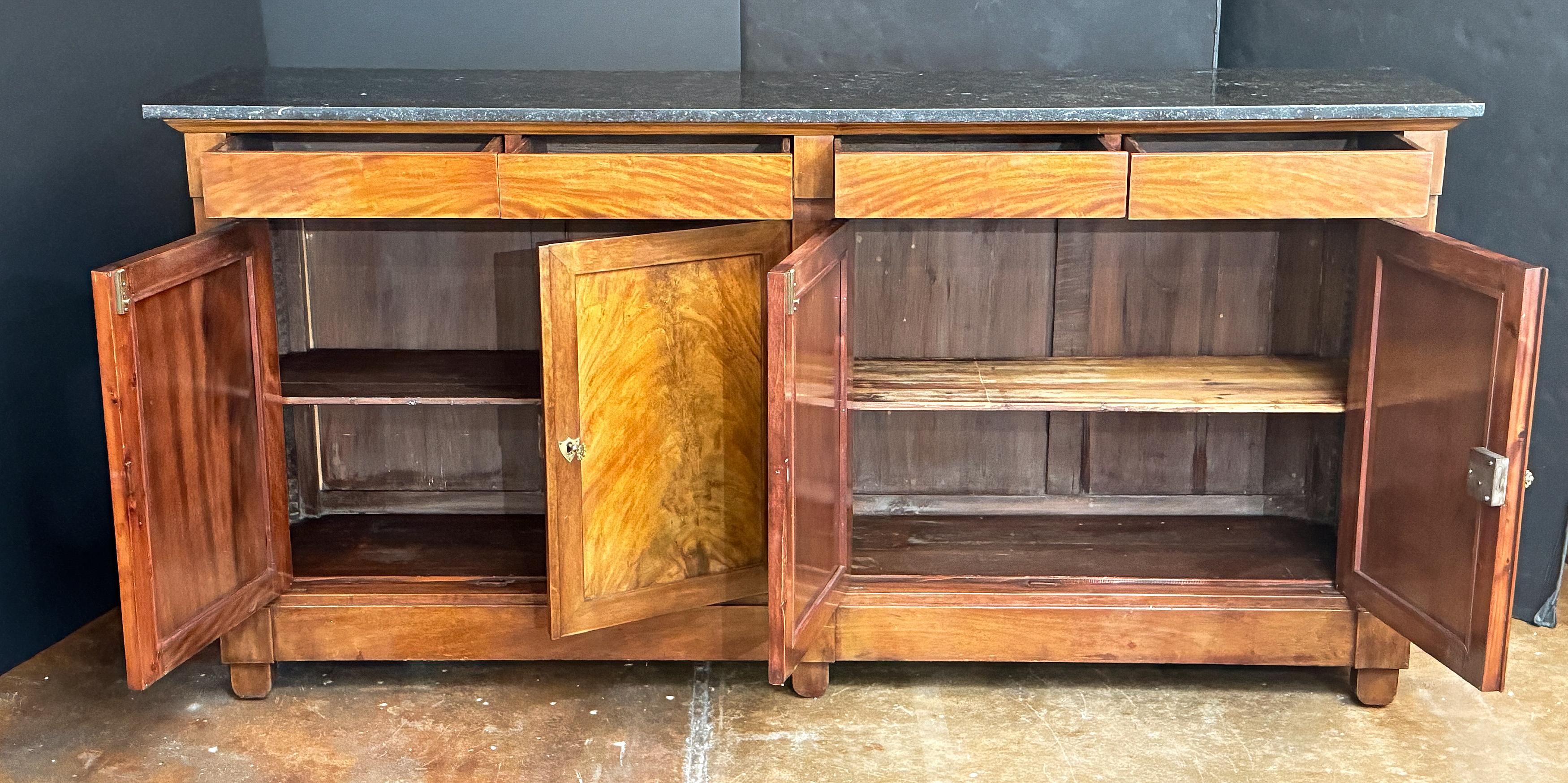 Metal French Empire Enfilade or Sideboard Console of Flame Mahogany with Marble Top For Sale