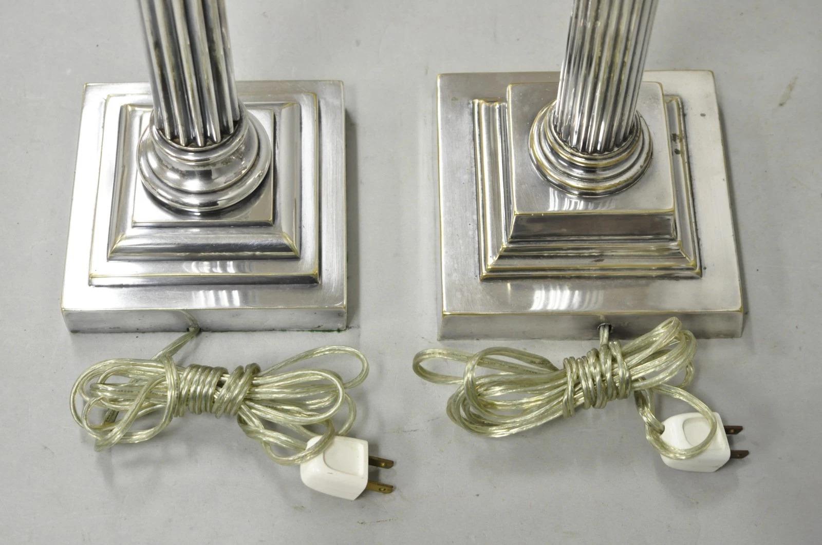 French Empire English Silver Plated Corinthian Column Table Lamp - Near Pair For Sale 3