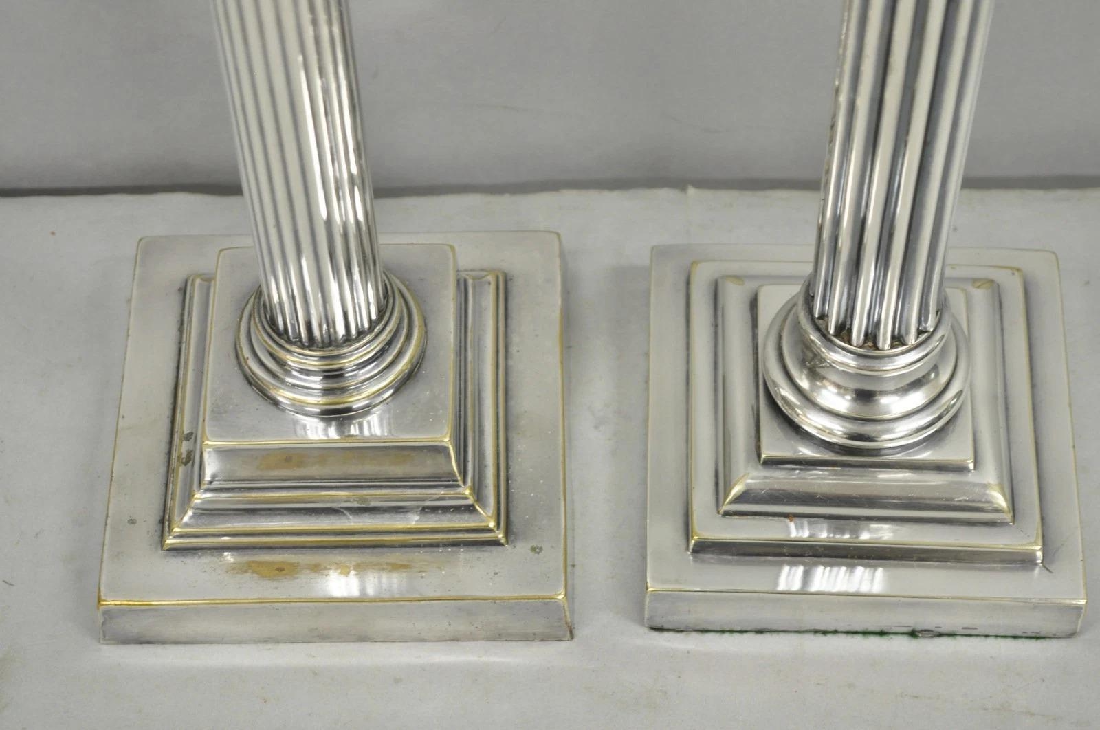 French Empire English Silver Plated Corinthian Column Table Lamp - Near Pair For Sale 4