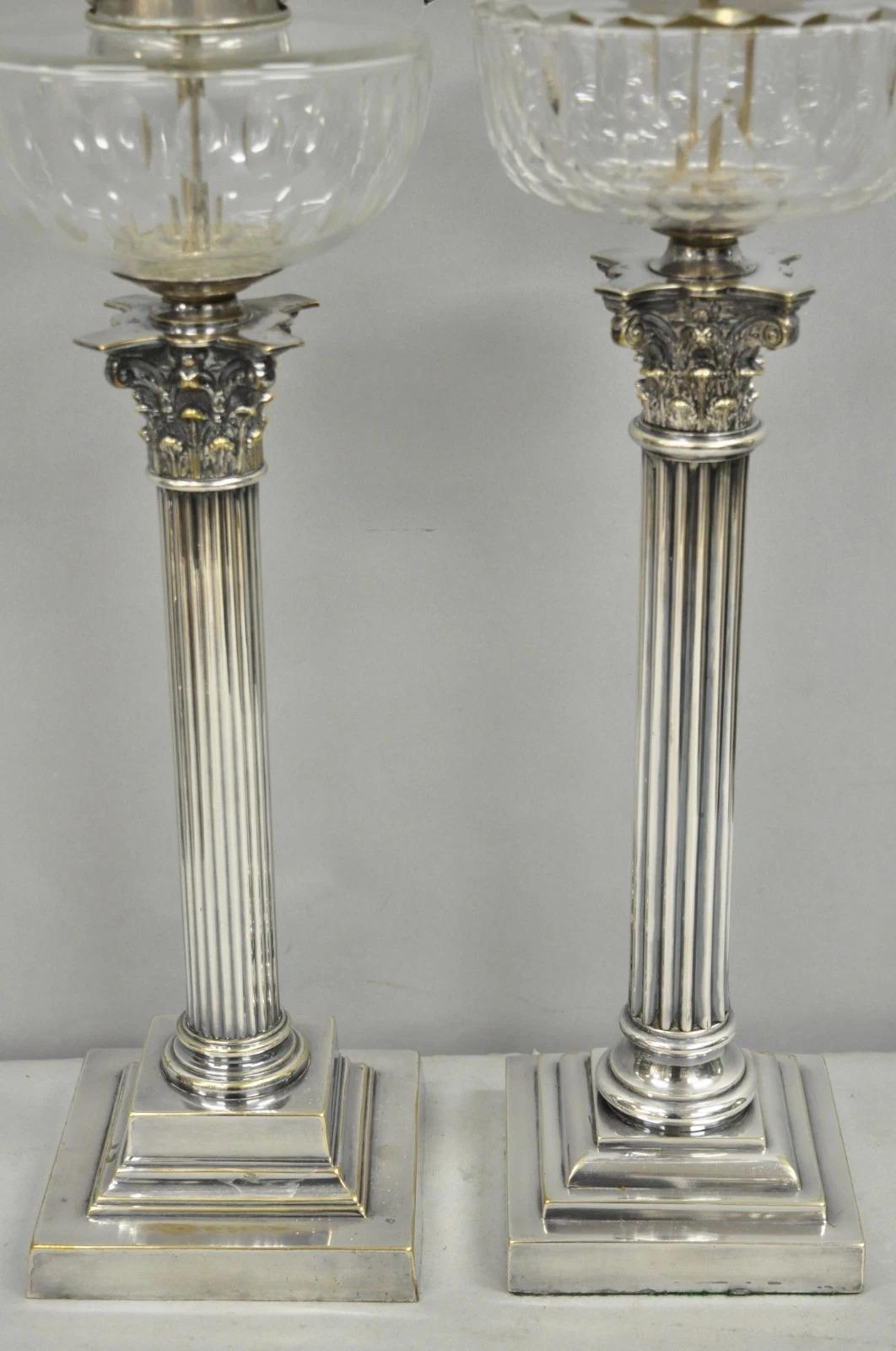 French Empire English Silver Plated Corinthian Column Table Lamp - Near Pair For Sale 5