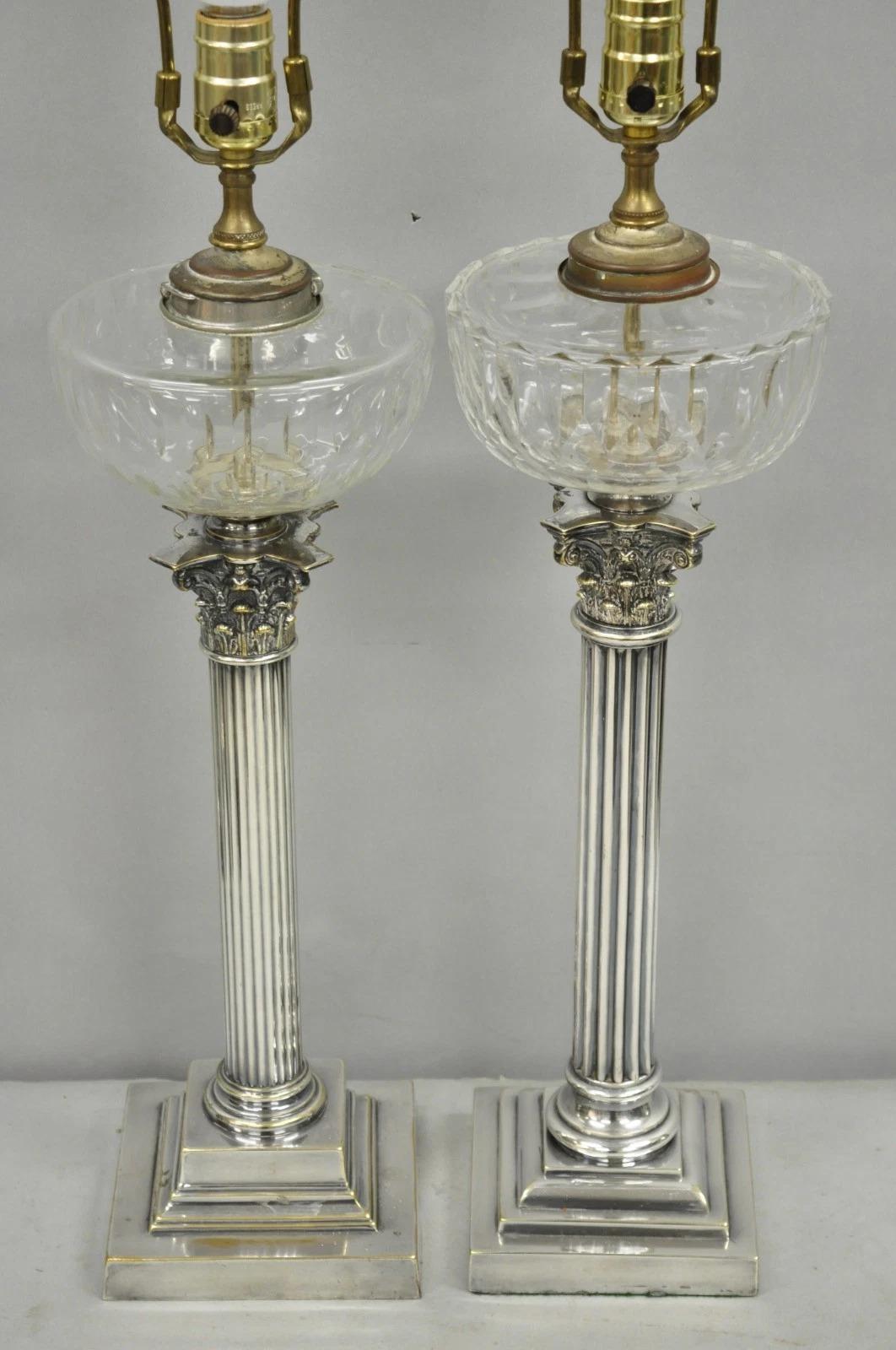 Other French Empire English Silver Plated Corinthian Column Table Lamp - Near Pair For Sale