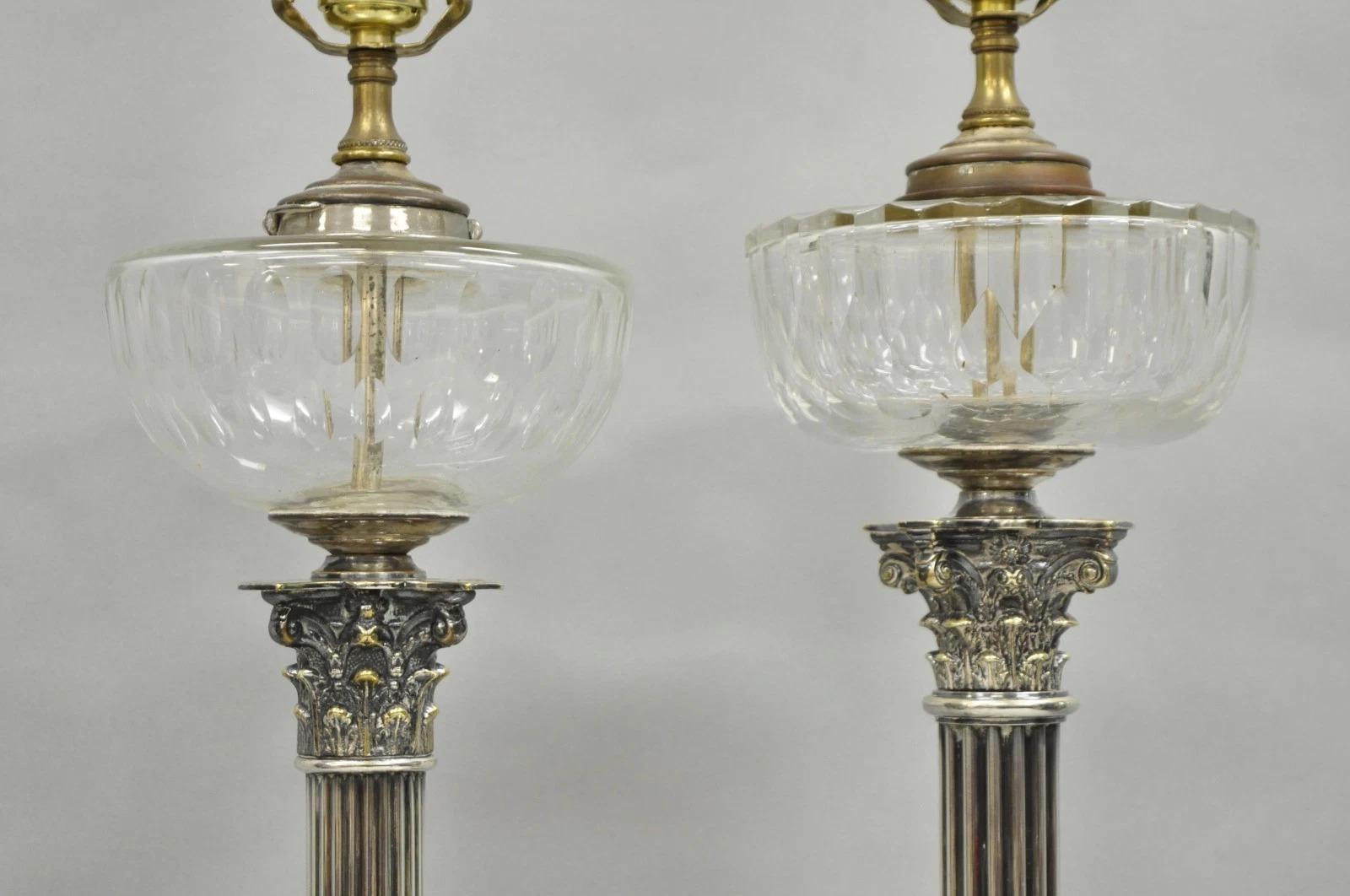 French Empire English Silver Plated Corinthian Column Table Lamp - Near Pair In Good Condition For Sale In Philadelphia, PA