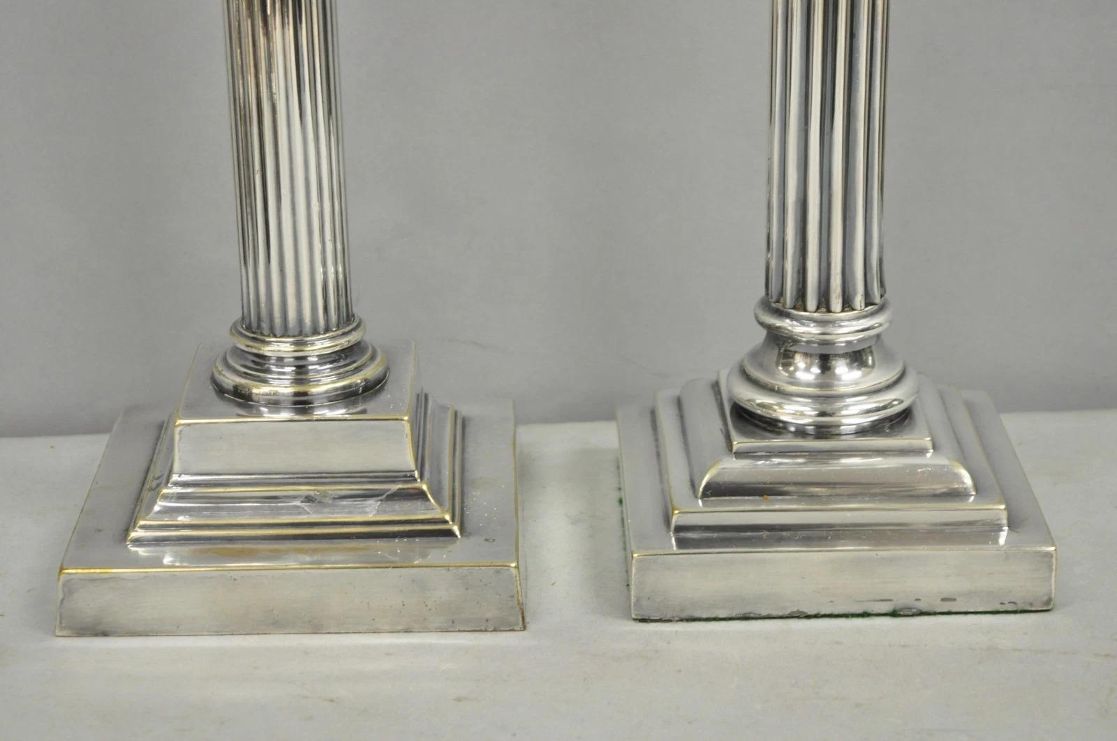 Sterling Silver French Empire English Silver Plated Corinthian Column Table Lamp - Near Pair For Sale