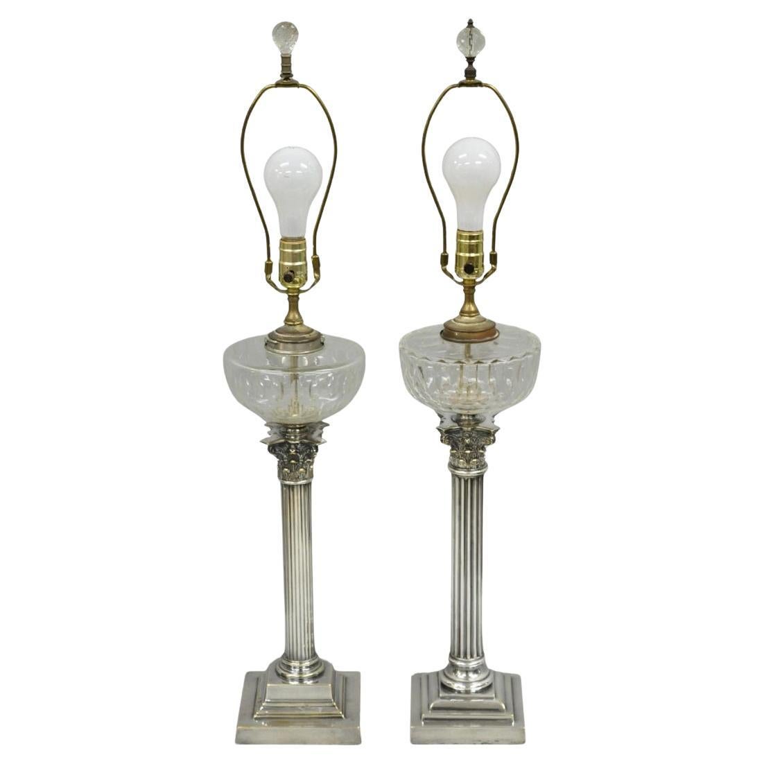 French Empire English Silver Plated Corinthian Column Table Lamp - Near Pair For Sale