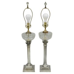 French Empire English Silver Plated Corinthian Column Table Lamp - Near Pair