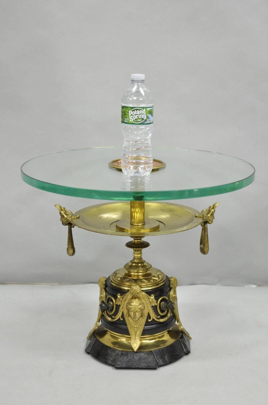 French Empire Figural Bronze and Marble Round Glass Tazza Low Side Tables - Pair im Zustand „Gut“ im Angebot in Philadelphia, PA