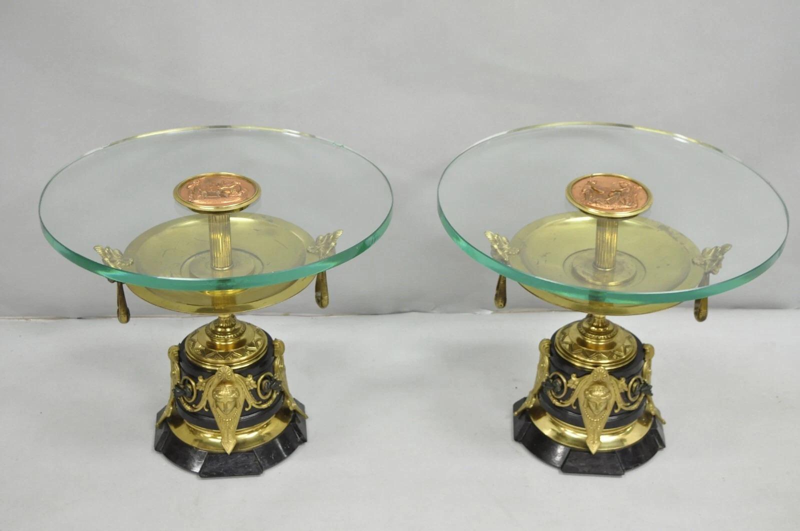 French Empire Figural Bronze and Marble Round Glass Tazza Low Side Tables - Pair (20. Jahrhundert) im Angebot