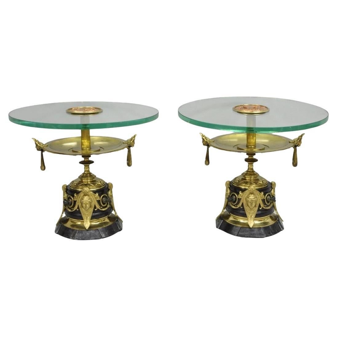 French Empire Figural Bronze and Marble Round Glass Tazza Low Side Tables - Pair im Angebot