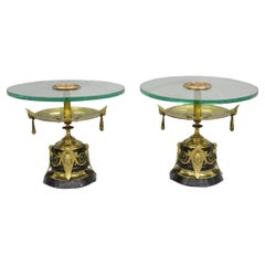 French Empire Figural Bronze and Marble Round Glass Tazza Low Side Tables - Pair