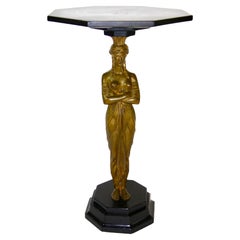 Gueridón/mesa auxiliar de bronce figurado Imperio francés con tapa de Pietra Dore