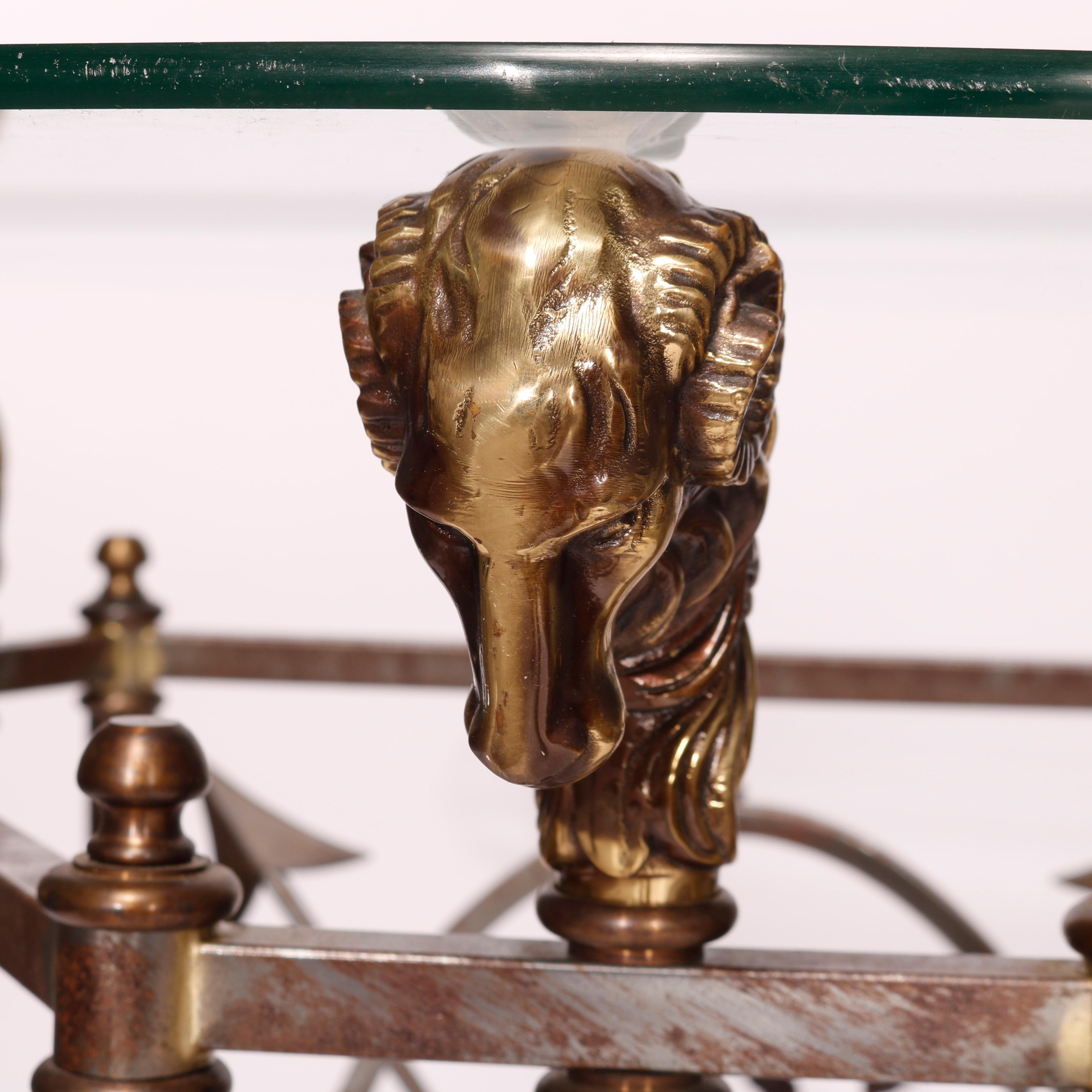 20th Century French Empire Figural Bronzed Metal & Glass Center Table with Ram's Heads 20th C For Sale