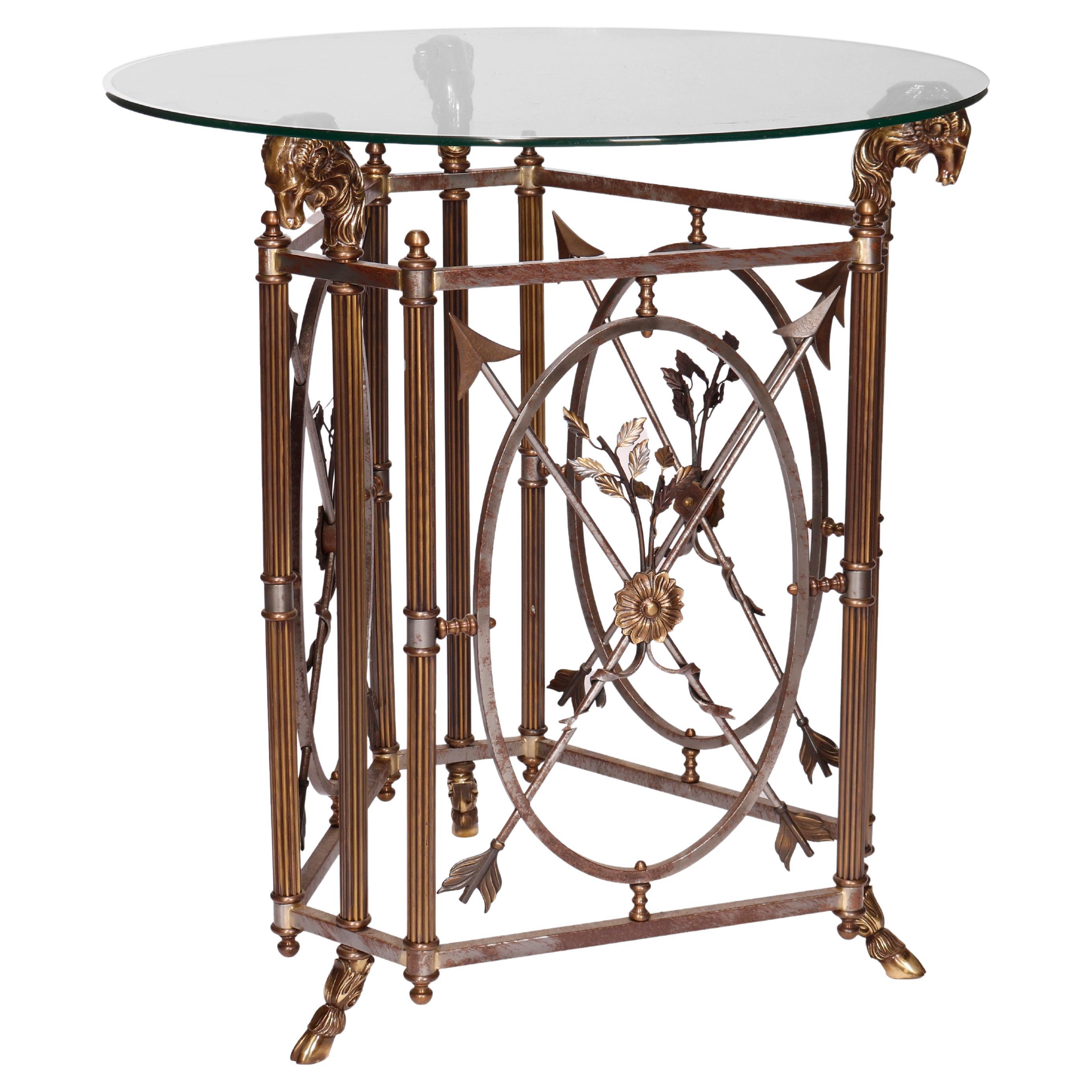 Figuraler Empire-Tisch aus Bronze und Glas mit Widderköpfen aus dem 20. Jahrhundert, Französisches Empire
