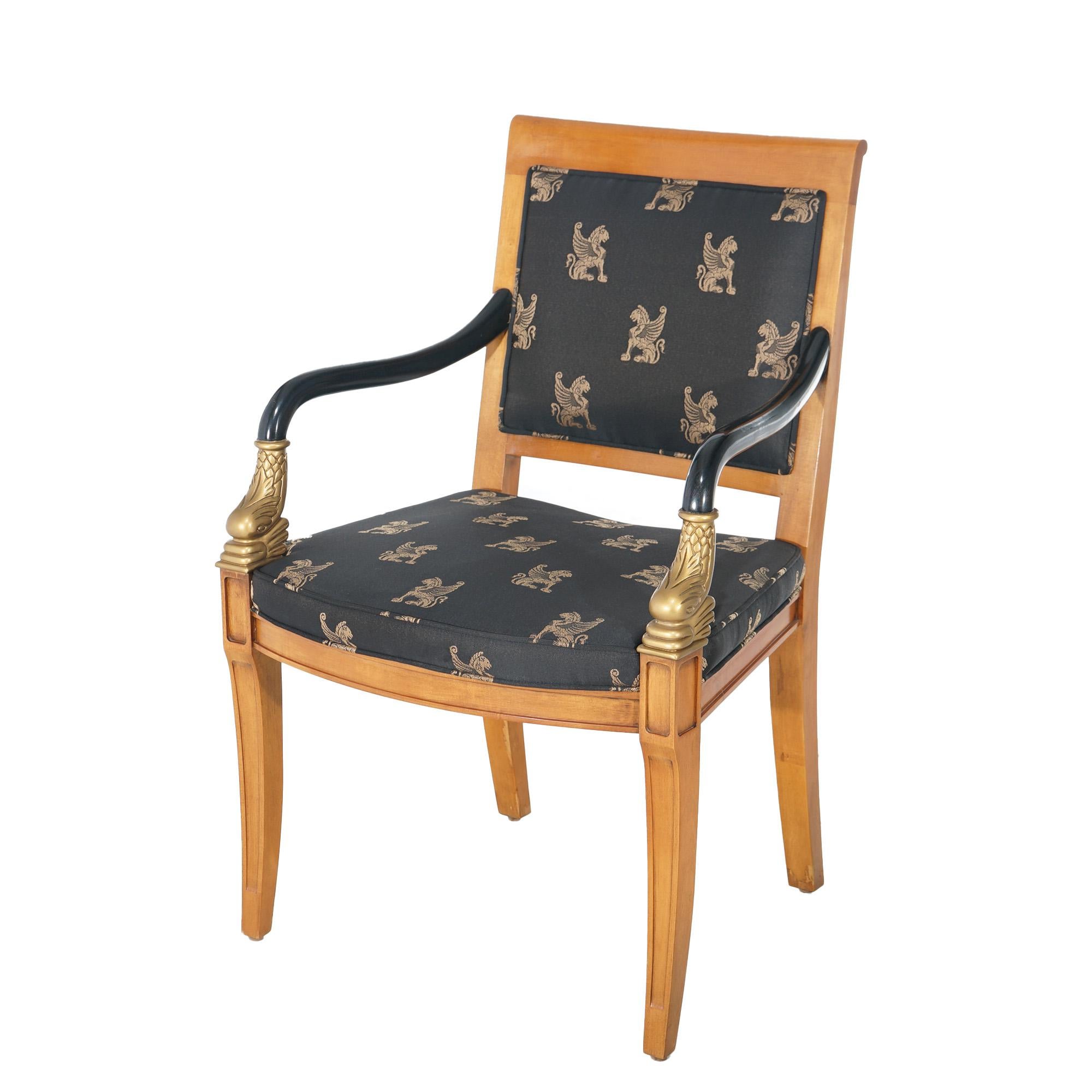French Empire Figural Ebonized Giltwood Armchair with Dolphins by Century 20thC For Sale