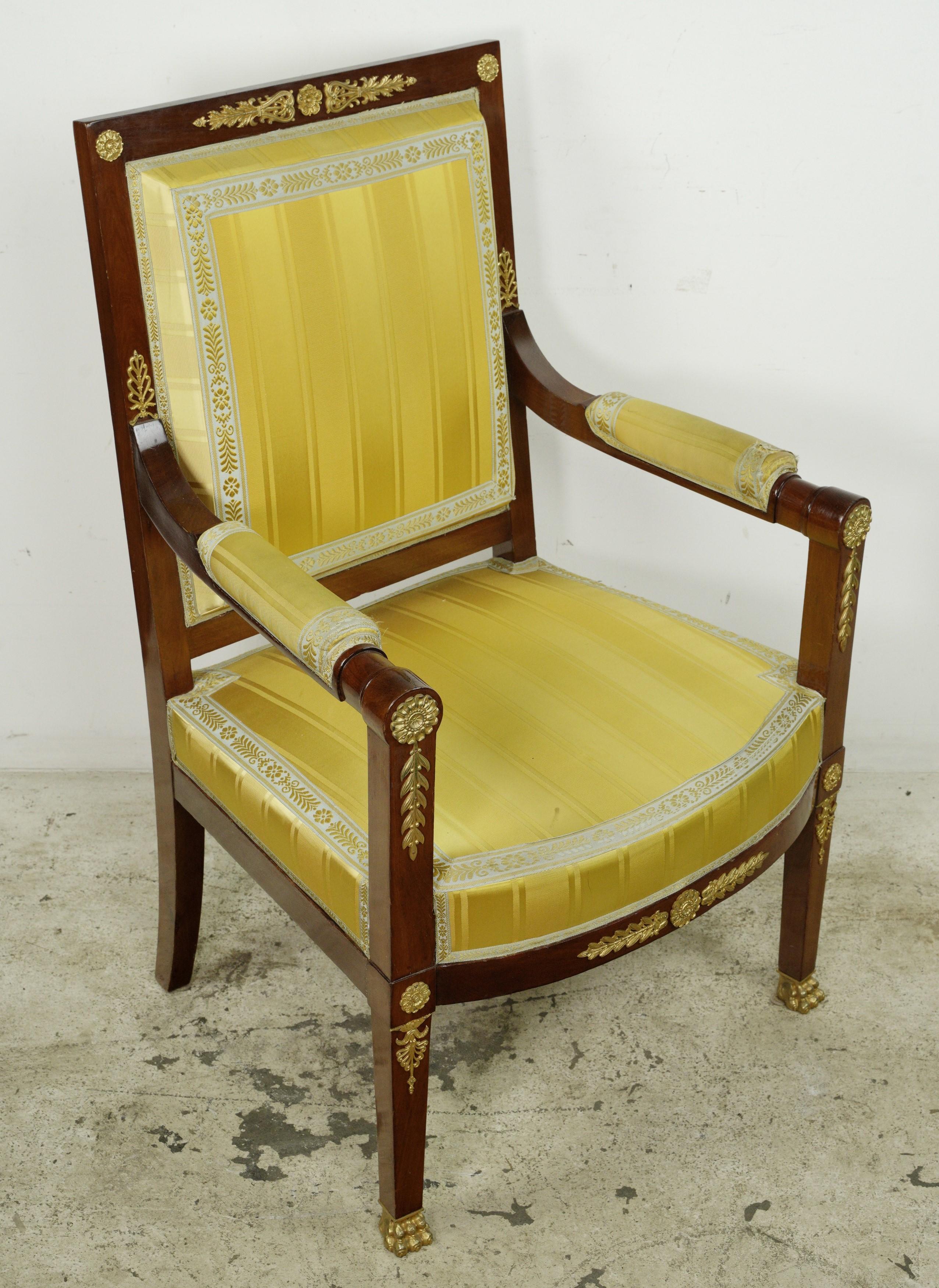 European French Empire Figural Gilt Brass Mahogany Armchair For Sale