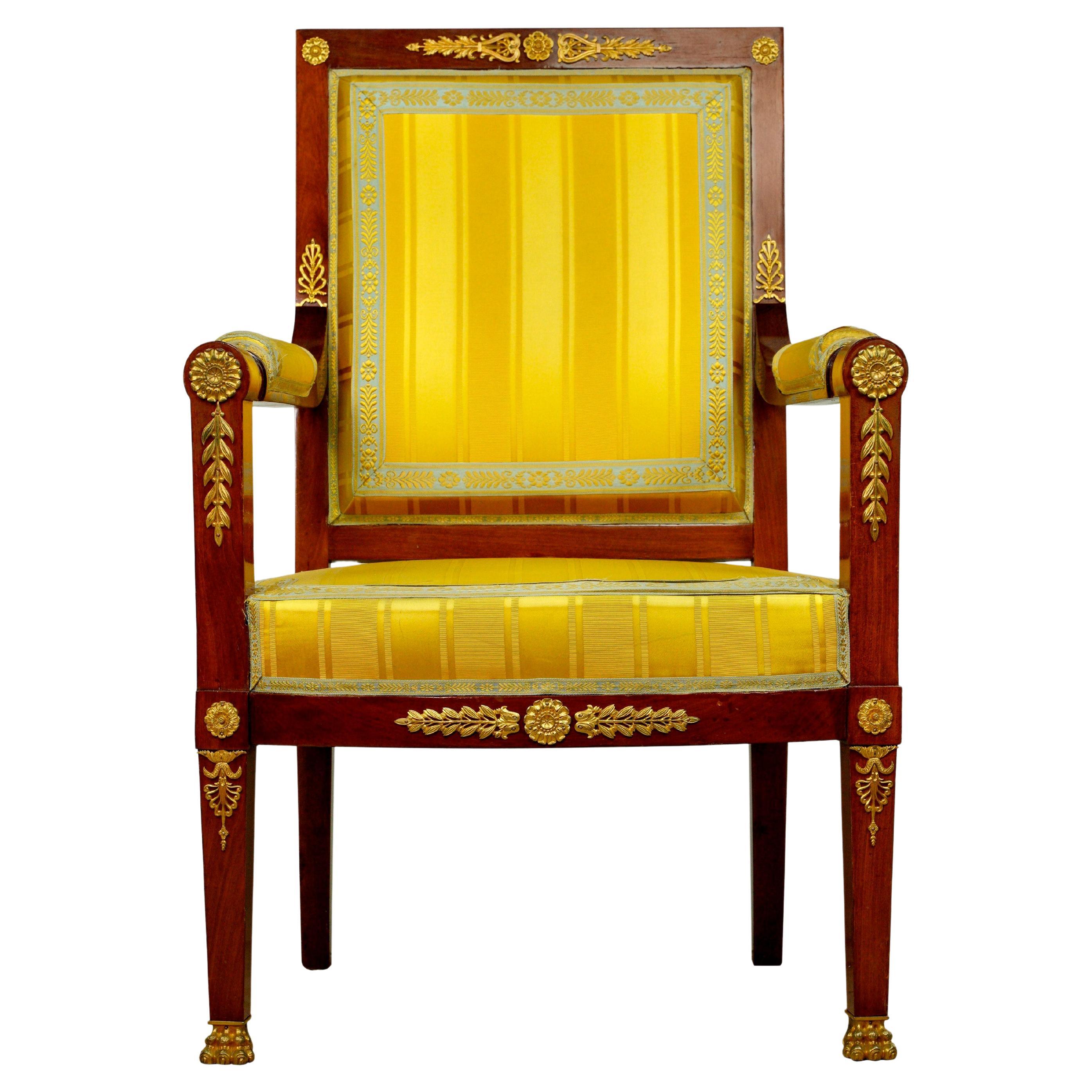 French Empire Figural Gilt Brass Mahogany Armchair For Sale